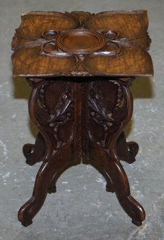 Anglo birmano intagliato a mano nel 19° secolo, antico tavolo da vino con lampada laterale pieghevole