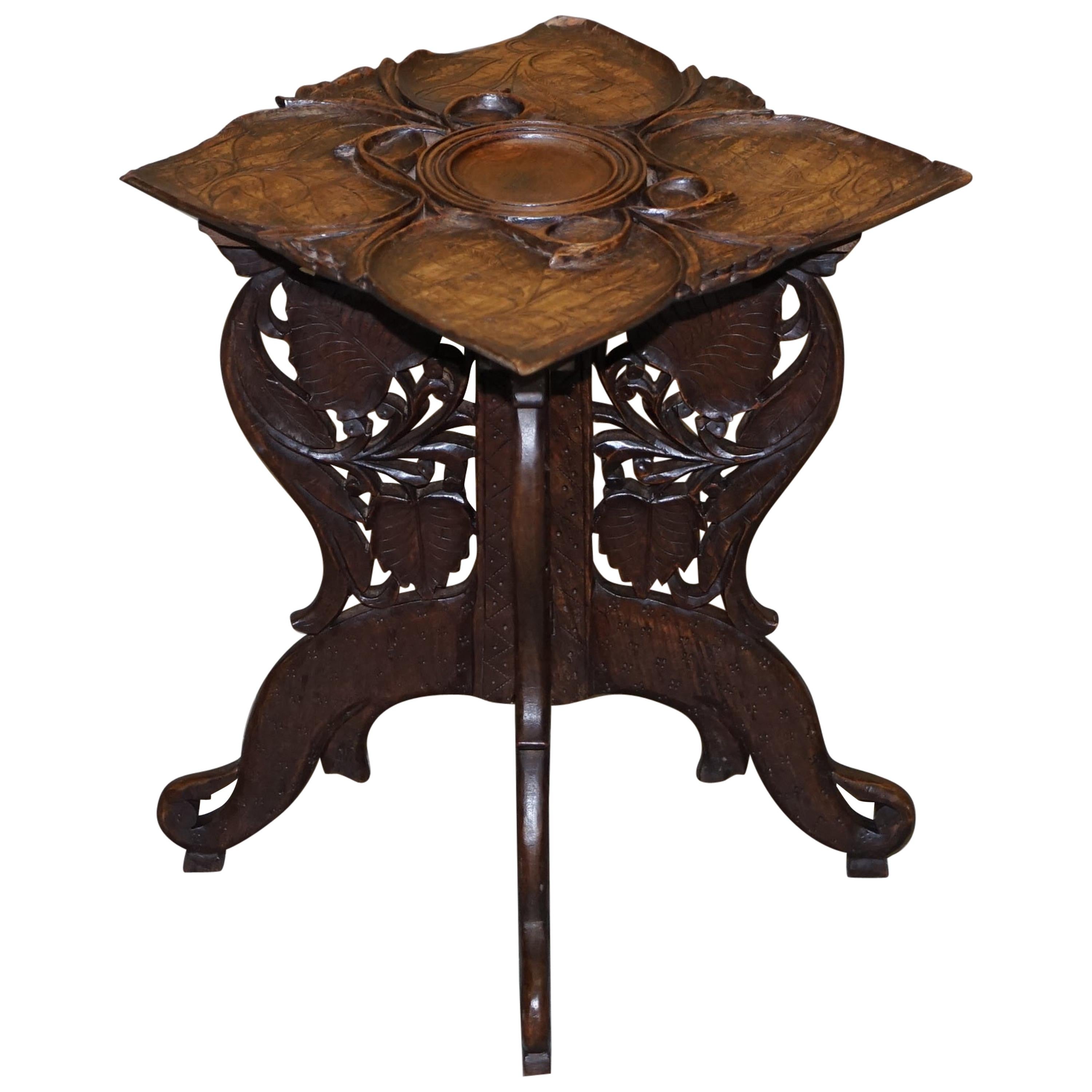 Anglo Burmese Hand Carved 19th Century Antique Folding Side End Lamp Wine Table For Sale