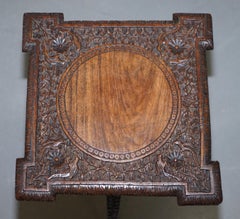 Anglo Birmano Tallado a Mano Madera Dura Siglo XIX Antiguo Lateral Lámpara Mesa de Vino