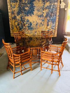Anglo-Chinese Bamboo and Rattan Five-Piece Dining Set with Circular Glass Table
