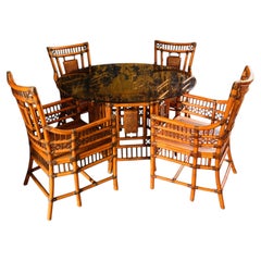 Anglo-Chinese Bamboo and Rattan Five-Piece Dining Set with Circular Glass Table