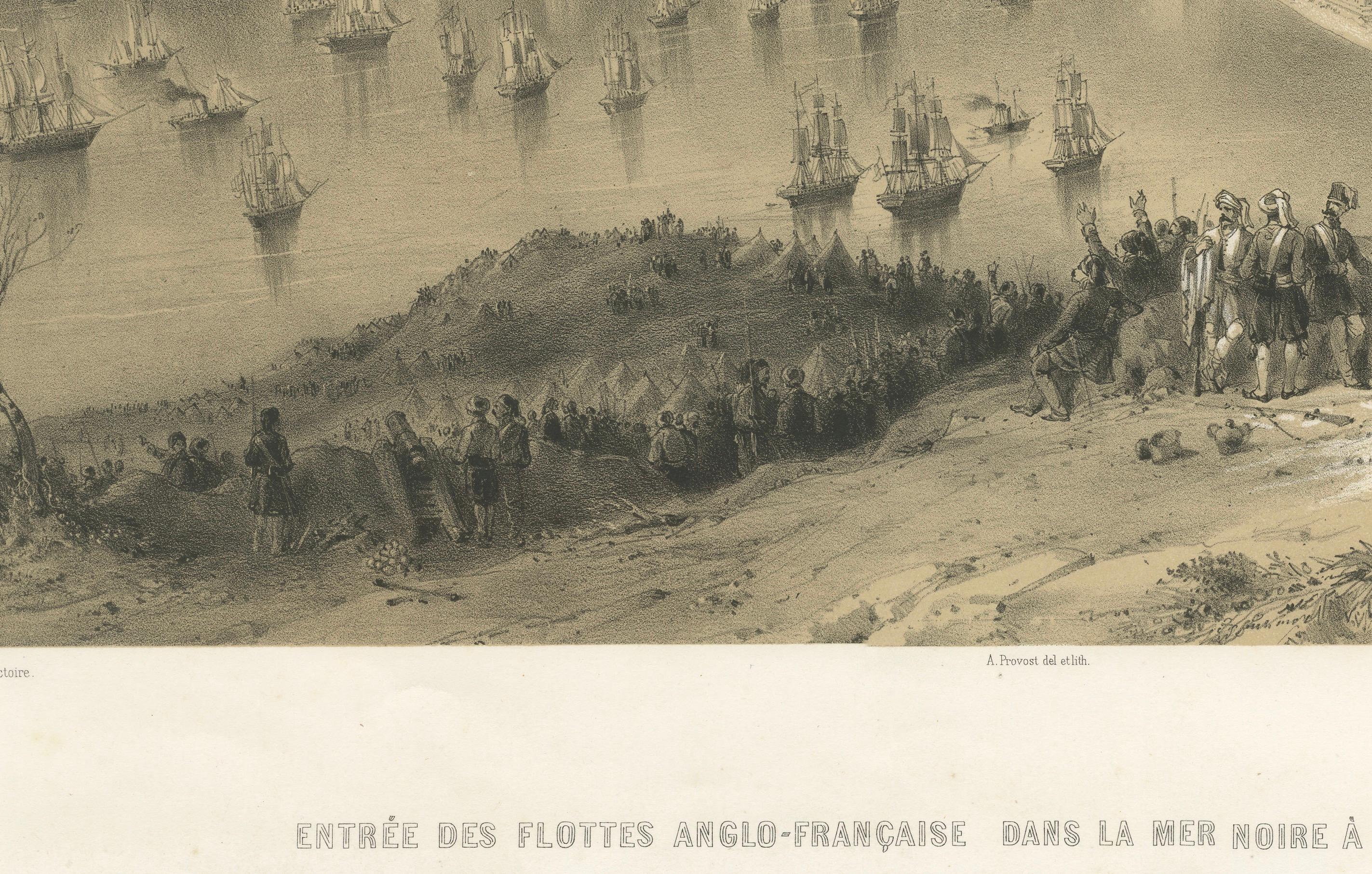 Flottes anglo-françaises entrant dans la mer Noire depuis le Bosphore - Lithographie de la guerre de Crimée, vers 1854

Cette lithographie spectaculaire du XIXe siècle intitulée *Entrée des Flottes Anglo-Française dans la Mer Noire à la Sortie du