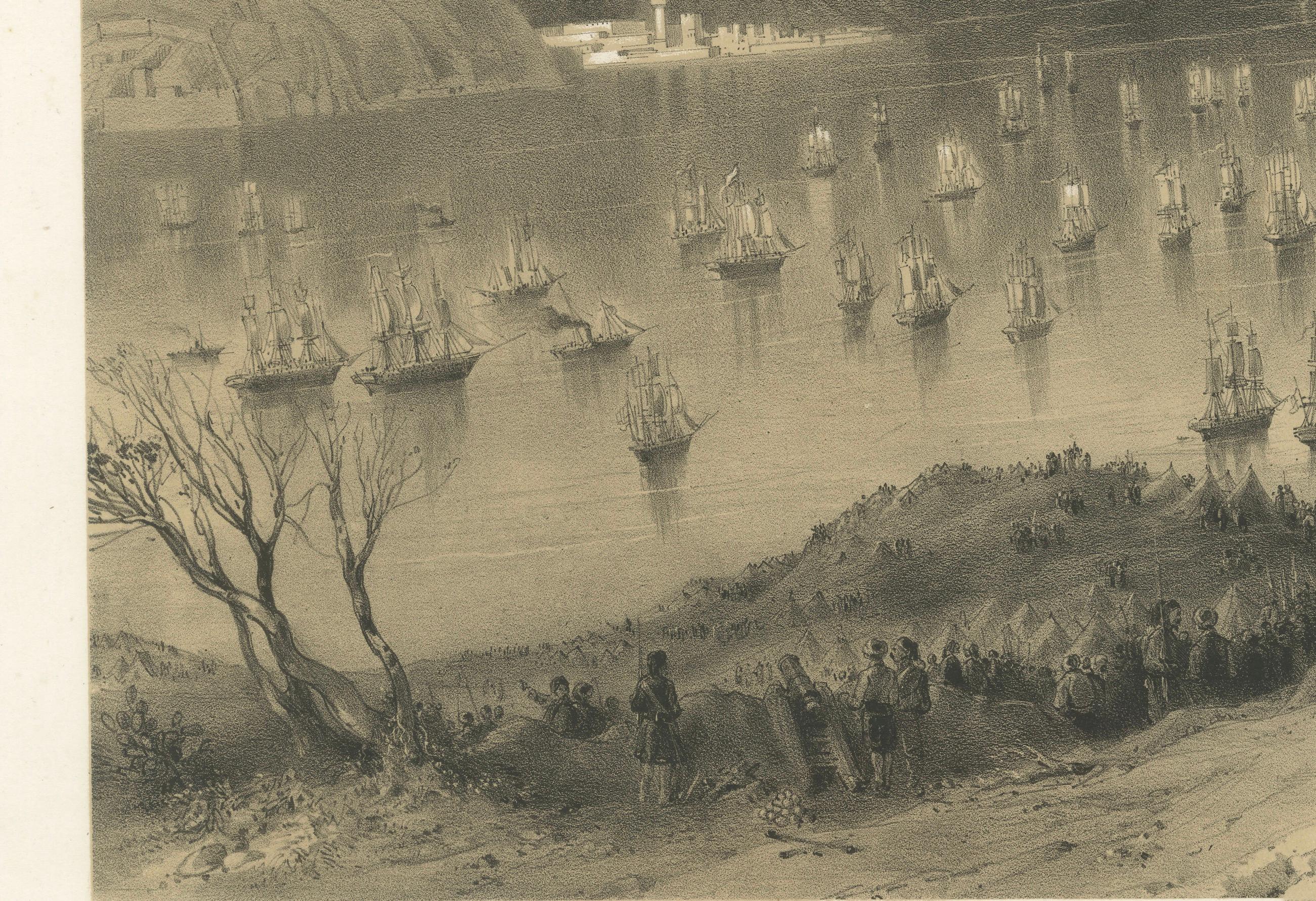 Flotte anglo-française entrant dans la mer Noire depuis le Bosphore - Guerre de Crimée, 1854 Bon état - En vente à Langweer, NL