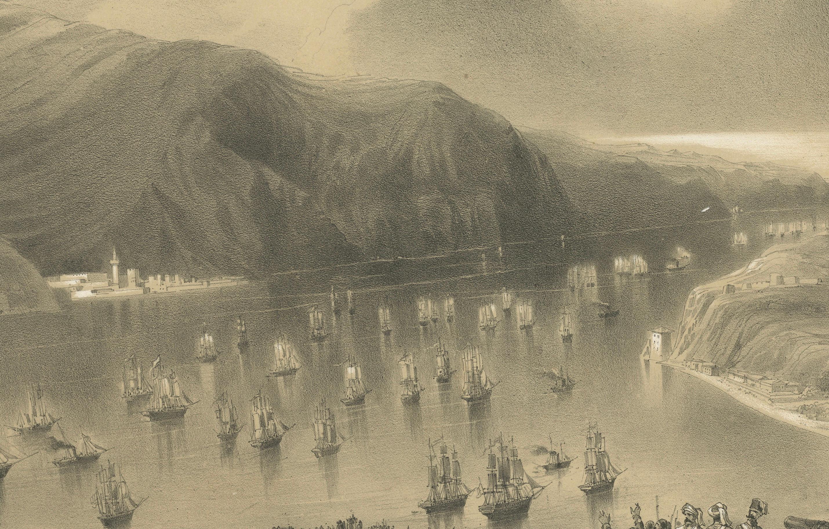 XIXe siècle Flotte anglo-française entrant dans la mer Noire depuis le Bosphore - Guerre de Crimée, 1854 en vente