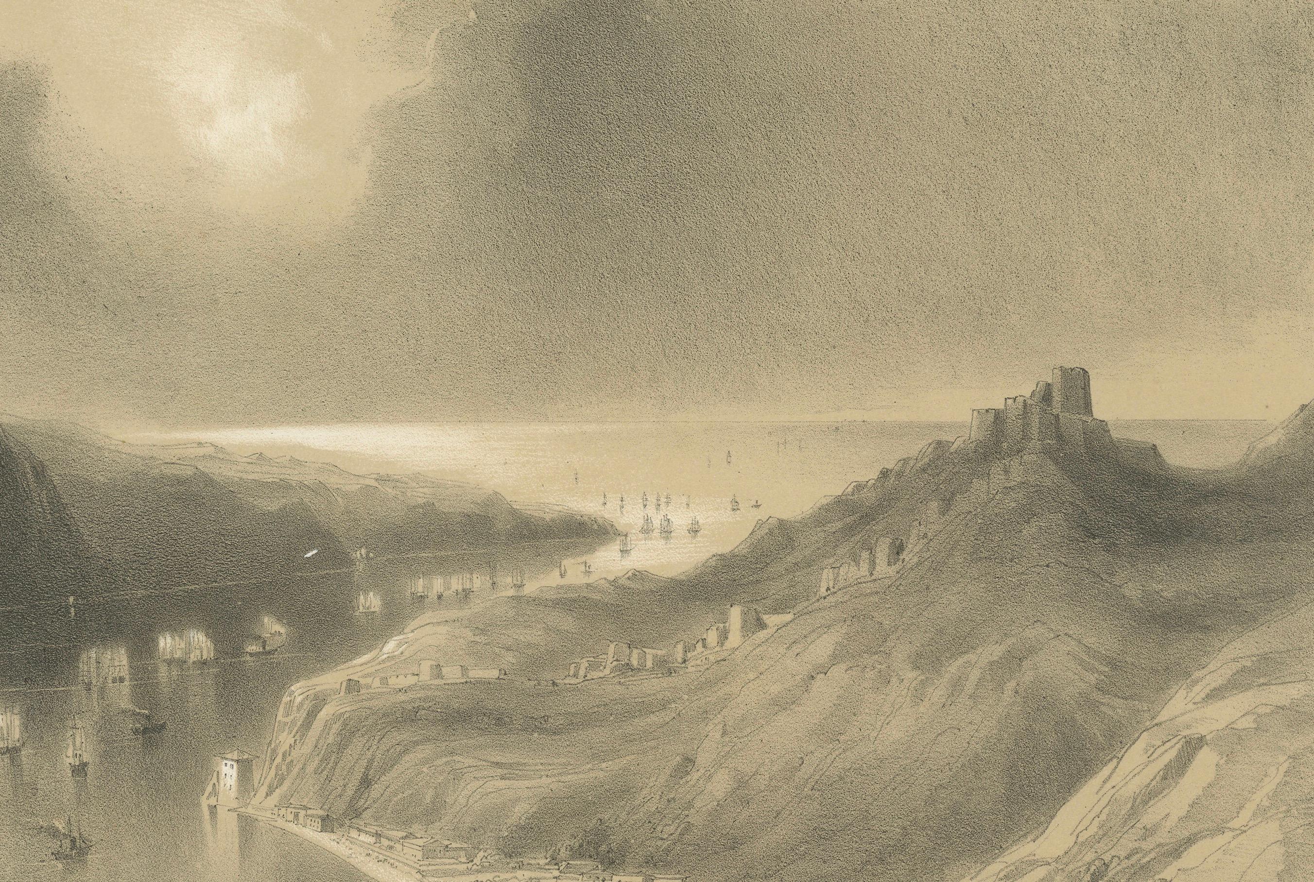 Papier Flotte anglo-française entrant dans la mer Noire depuis le Bosphore - Guerre de Crimée, 1854 en vente