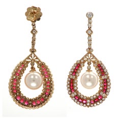 Anglo-Indian Antique Style Yellow Gold Ruby Pearl Diamond Earring