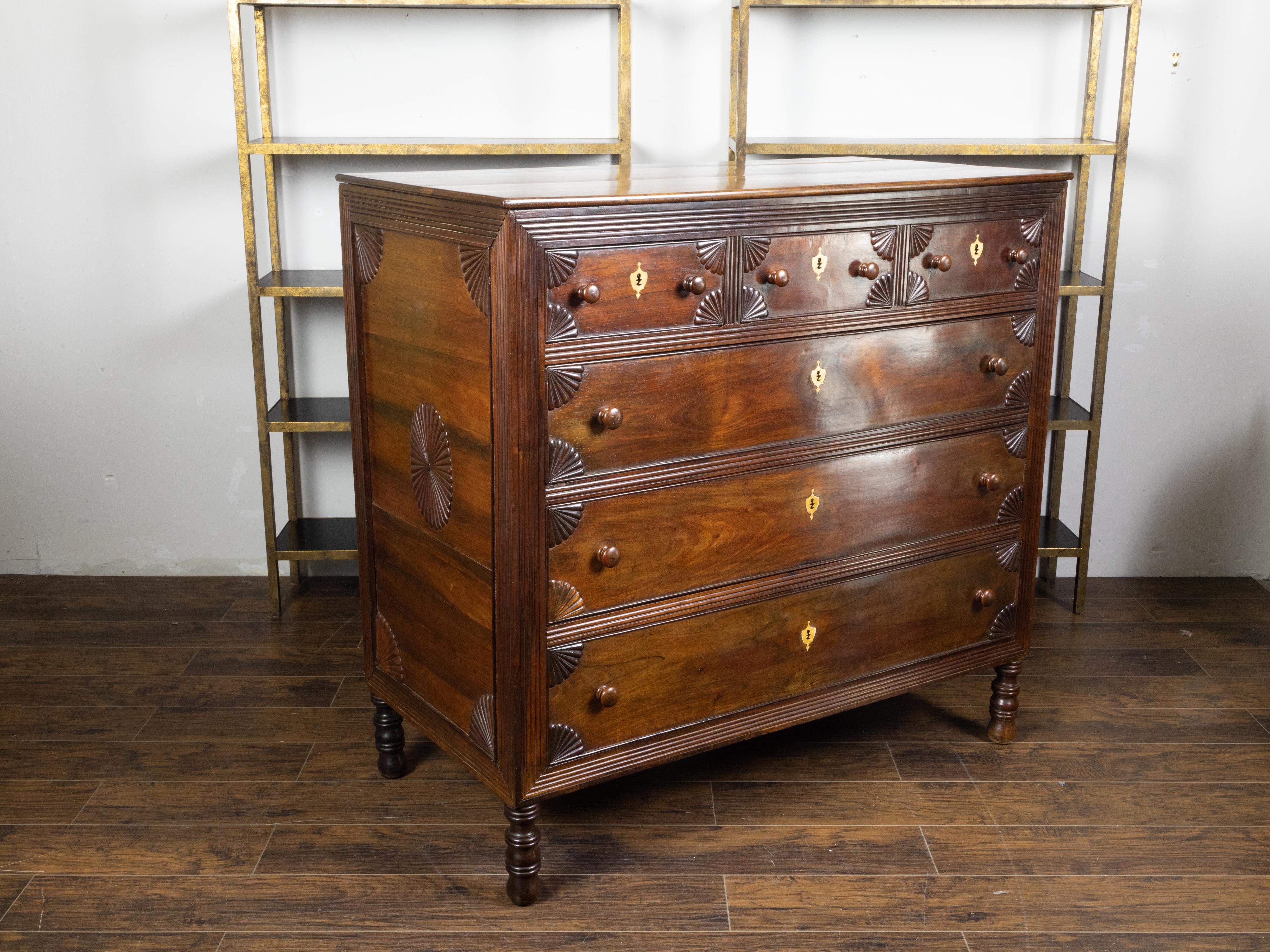 Anglo-Indian 1800s Six-Drawer Chest with Radiating Fan Motifs and Bone Inlay 5