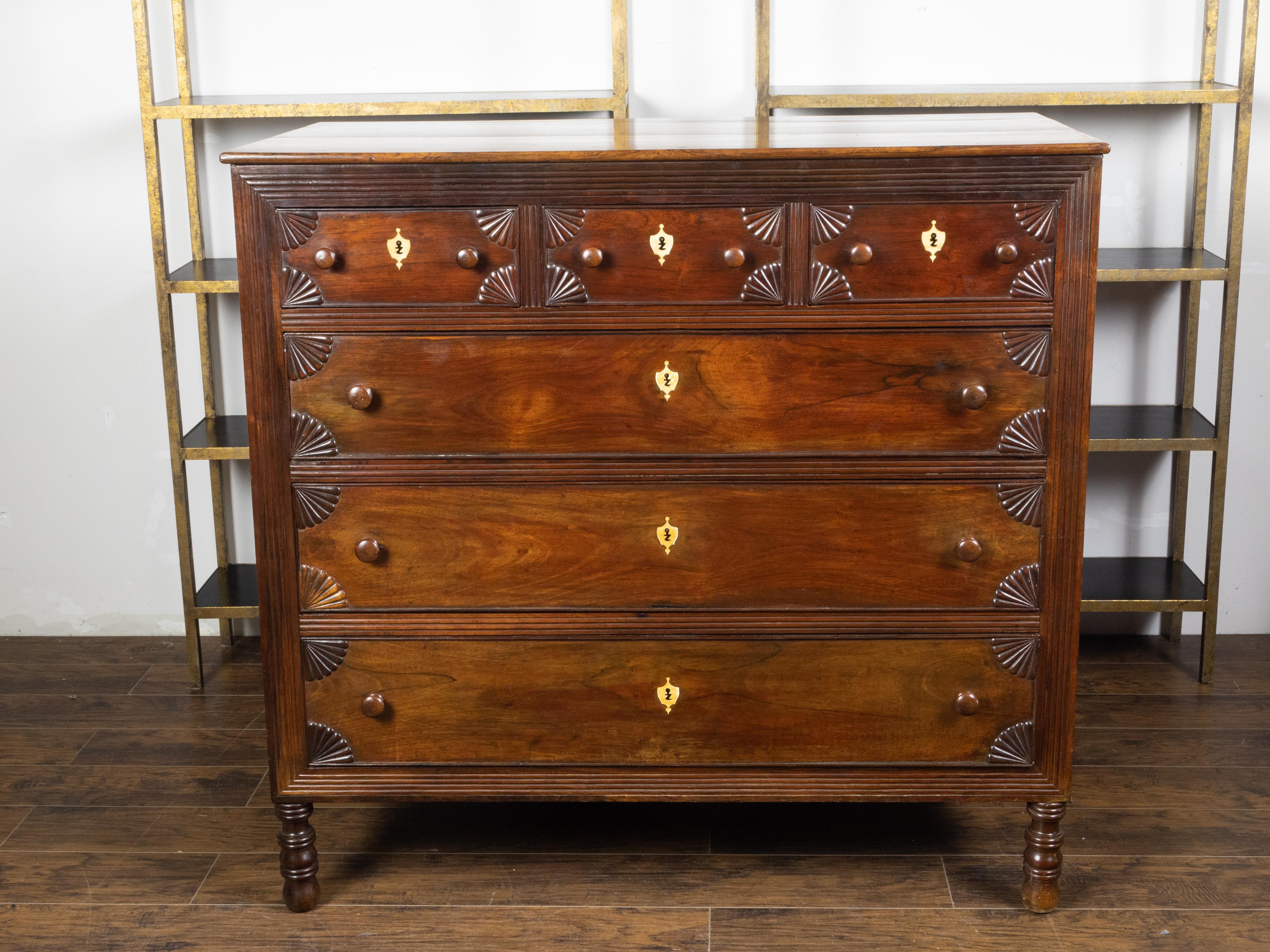 Carved Anglo-Indian 1800s Six-Drawer Chest with Radiating Fan Motifs and Bone Inlay