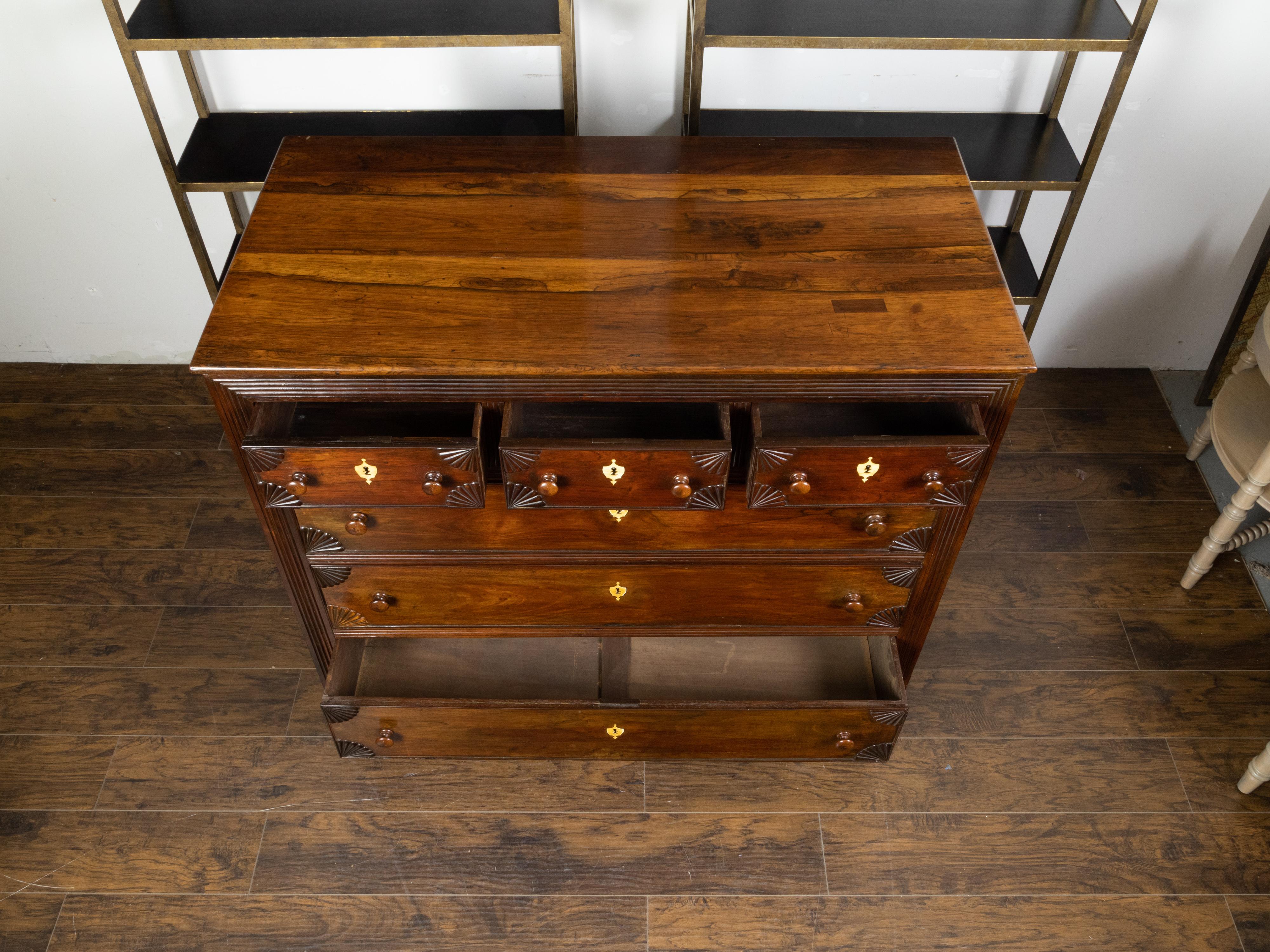 Anglo-Indian 1800s Six-Drawer Chest with Radiating Fan Motifs and Bone Inlay 4