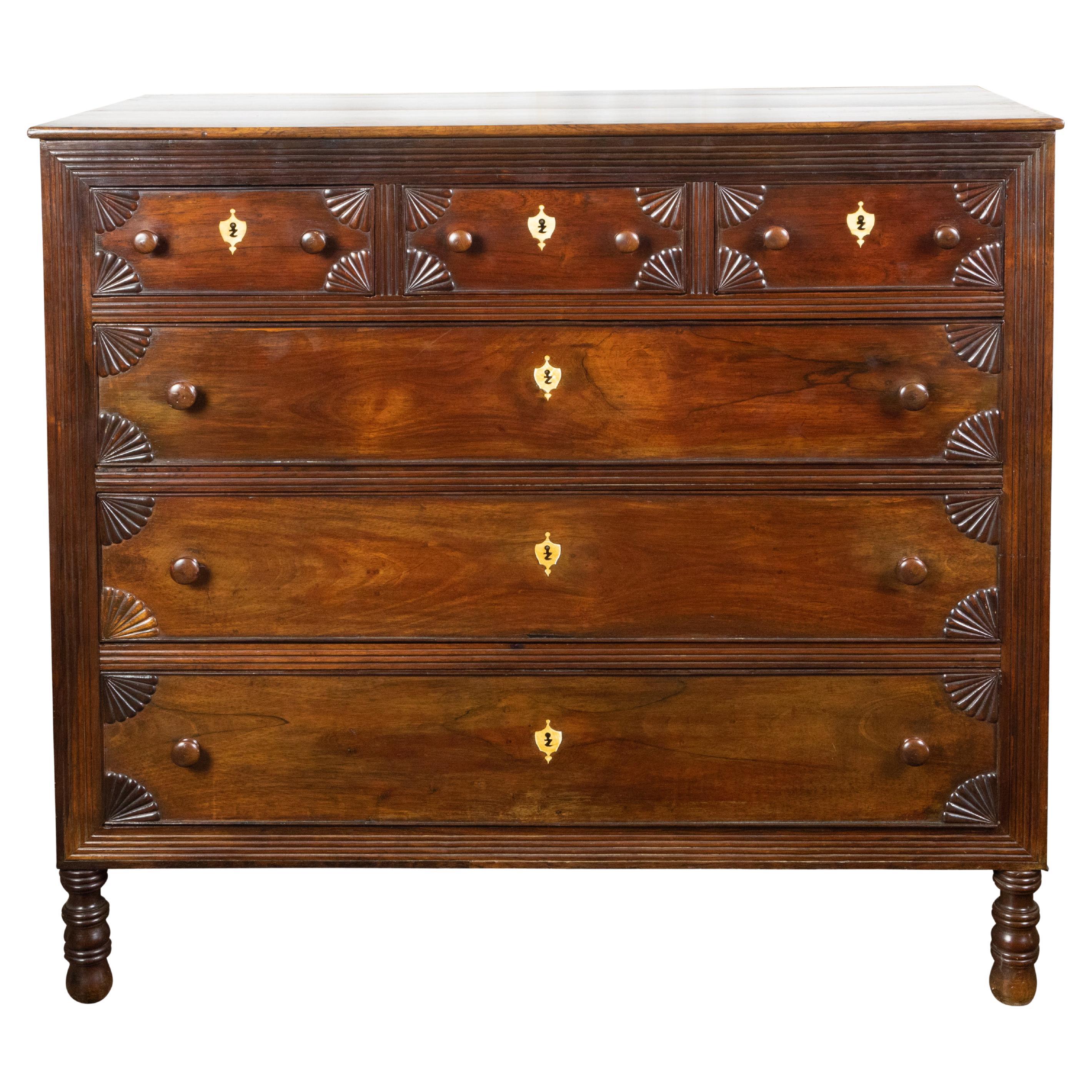 Anglo-Indian 1800s Six-Drawer Chest with Radiating Fan Motifs and Bone Inlay