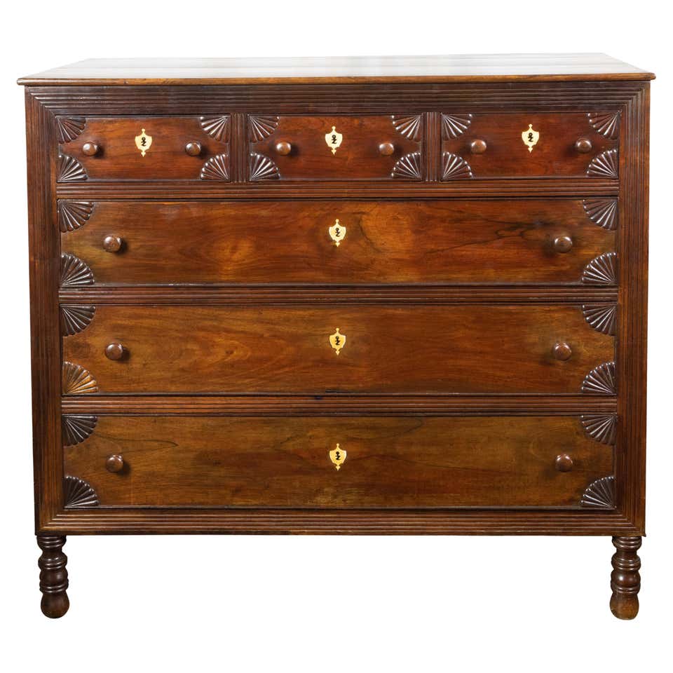 19th Century Anglo-Indian Commode with Five Drawers and Floral Inlay ...