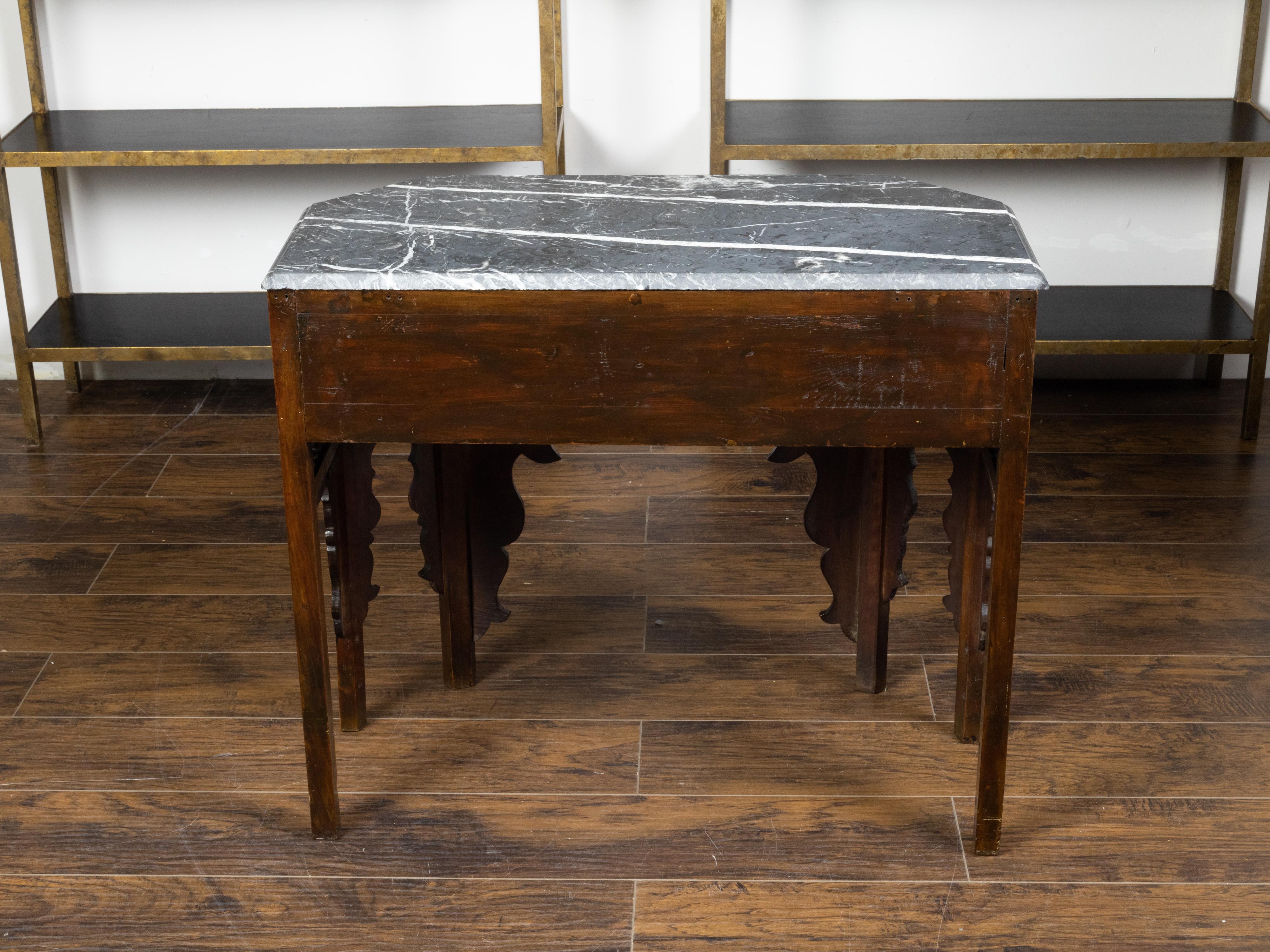 Anglo-Indian 1880s Carved Wooden Console Table with Marble Top and Bone Inlay 4