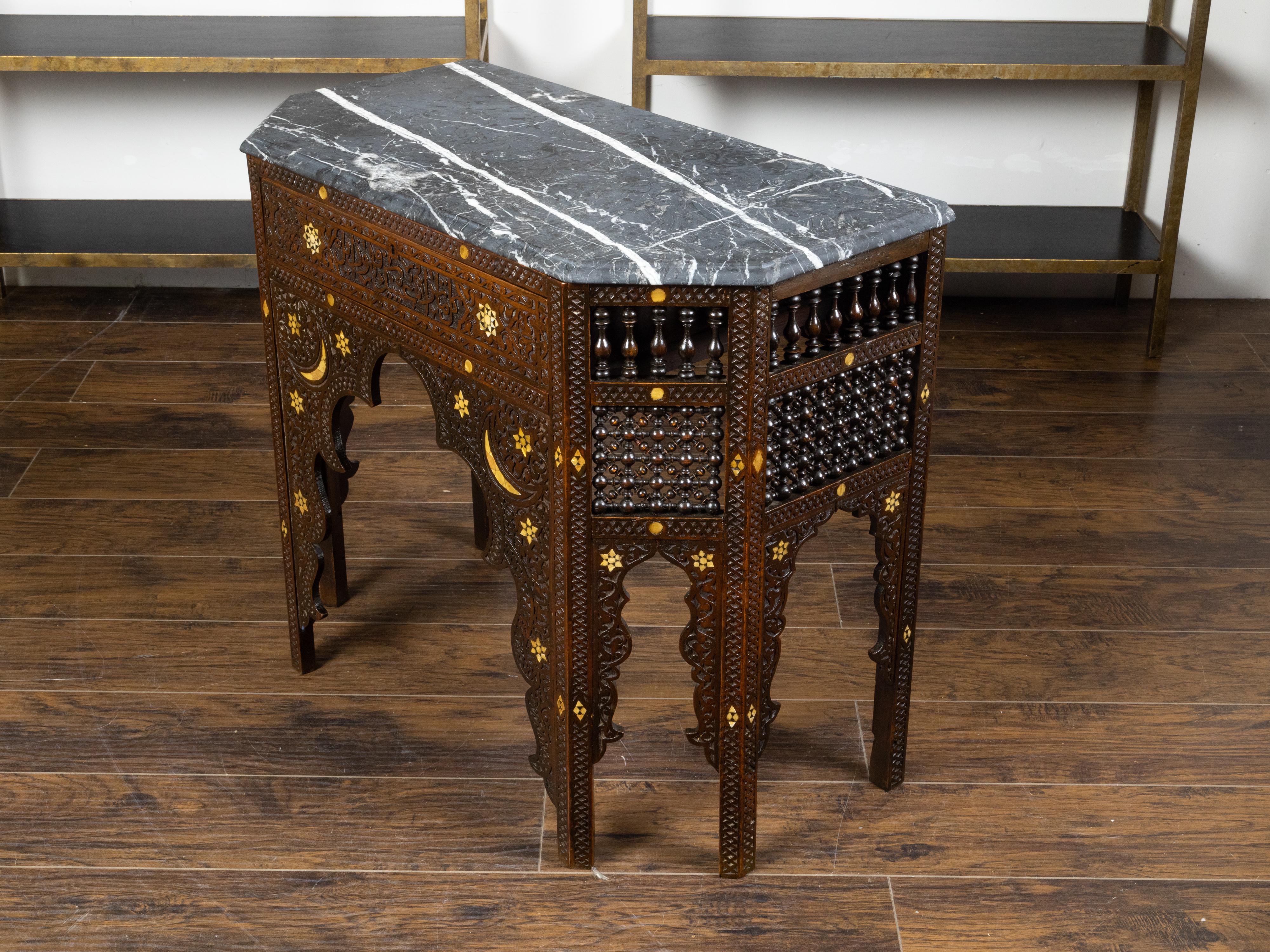 Anglo-Indian 1880s Carved Wooden Console Table with Marble Top and Bone Inlay 6