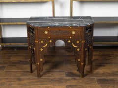 Anglo-Indian 1880s Carved Wooden Console Table with Marble Top and Bone Inlay
