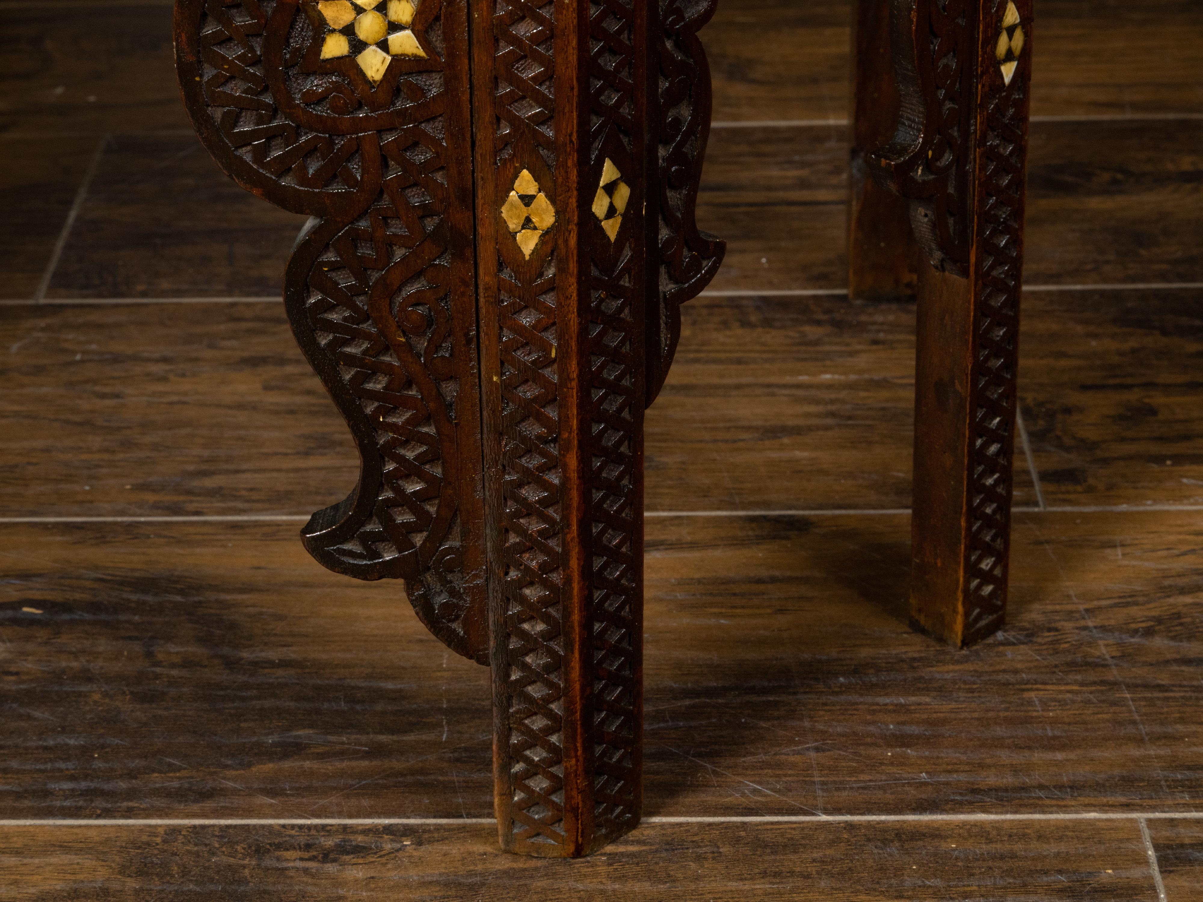 19th Century Anglo-Indian 1880s Carved Wooden Console Table with Marble Top and Bone Inlay