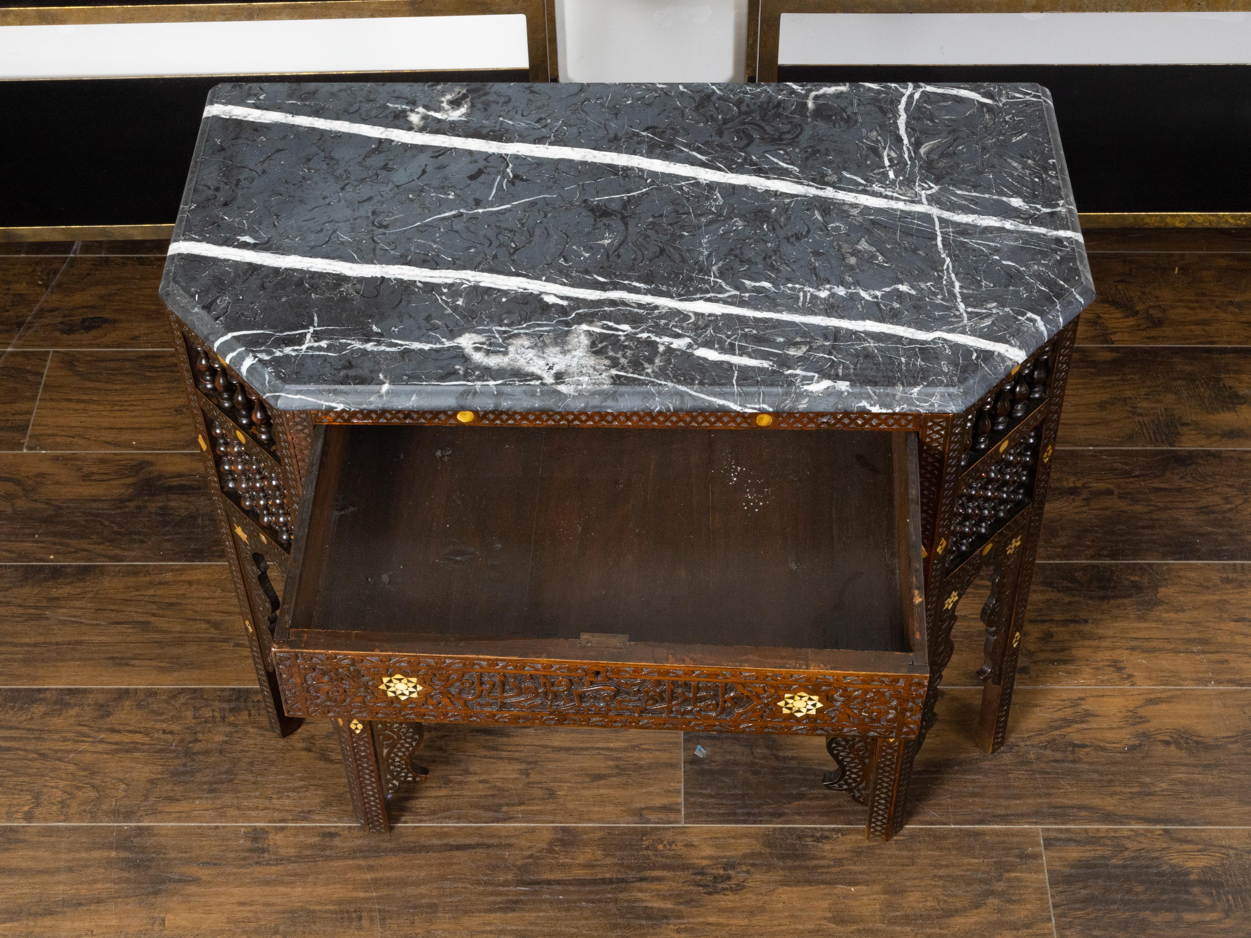 Anglo-Indian 1880s Carved Wooden Console Table with Marble Top and Bone Inlay 1
