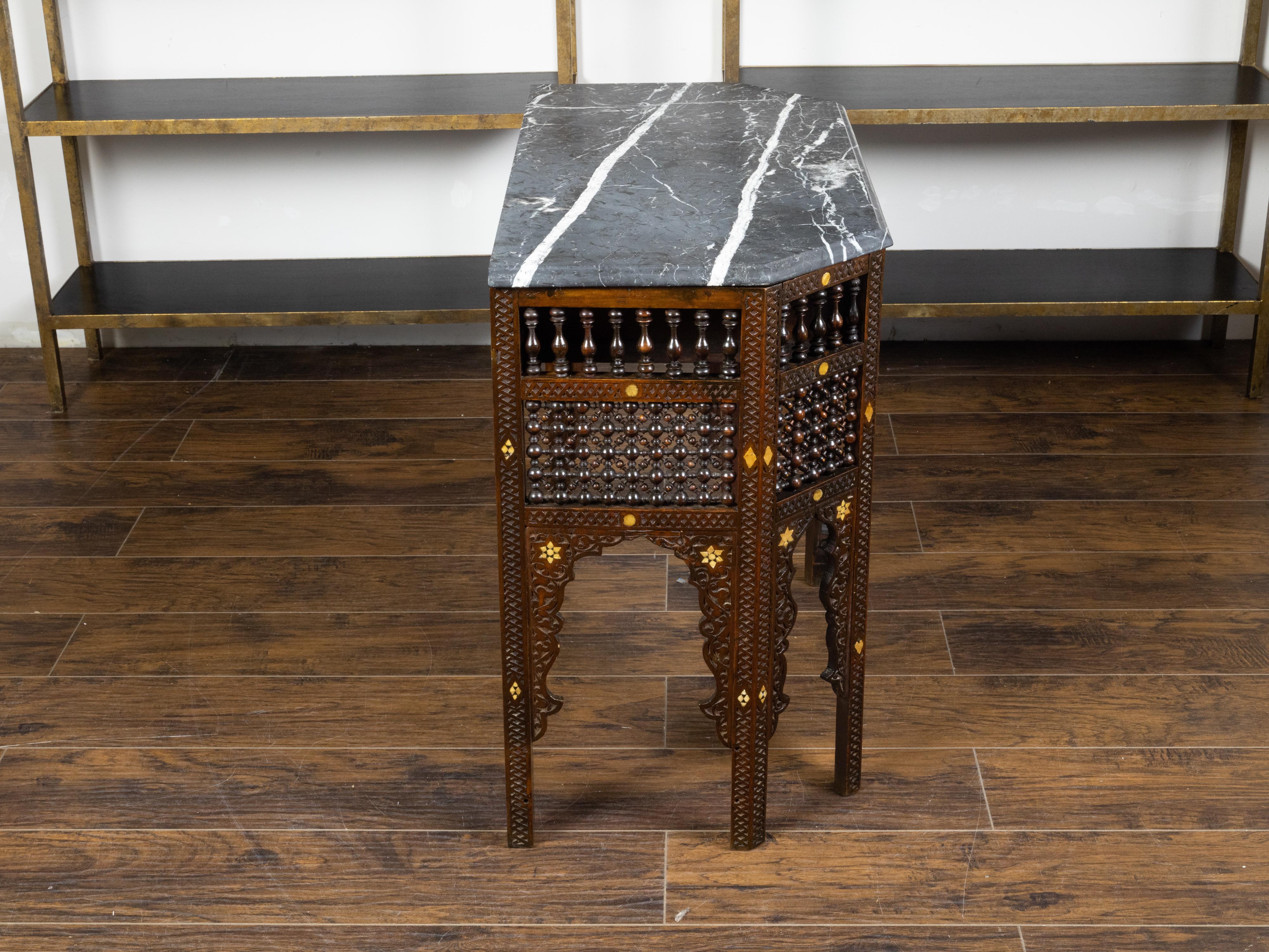 Anglo-Indian 1880s Carved Wooden Console Table with Marble Top and Bone Inlay 3