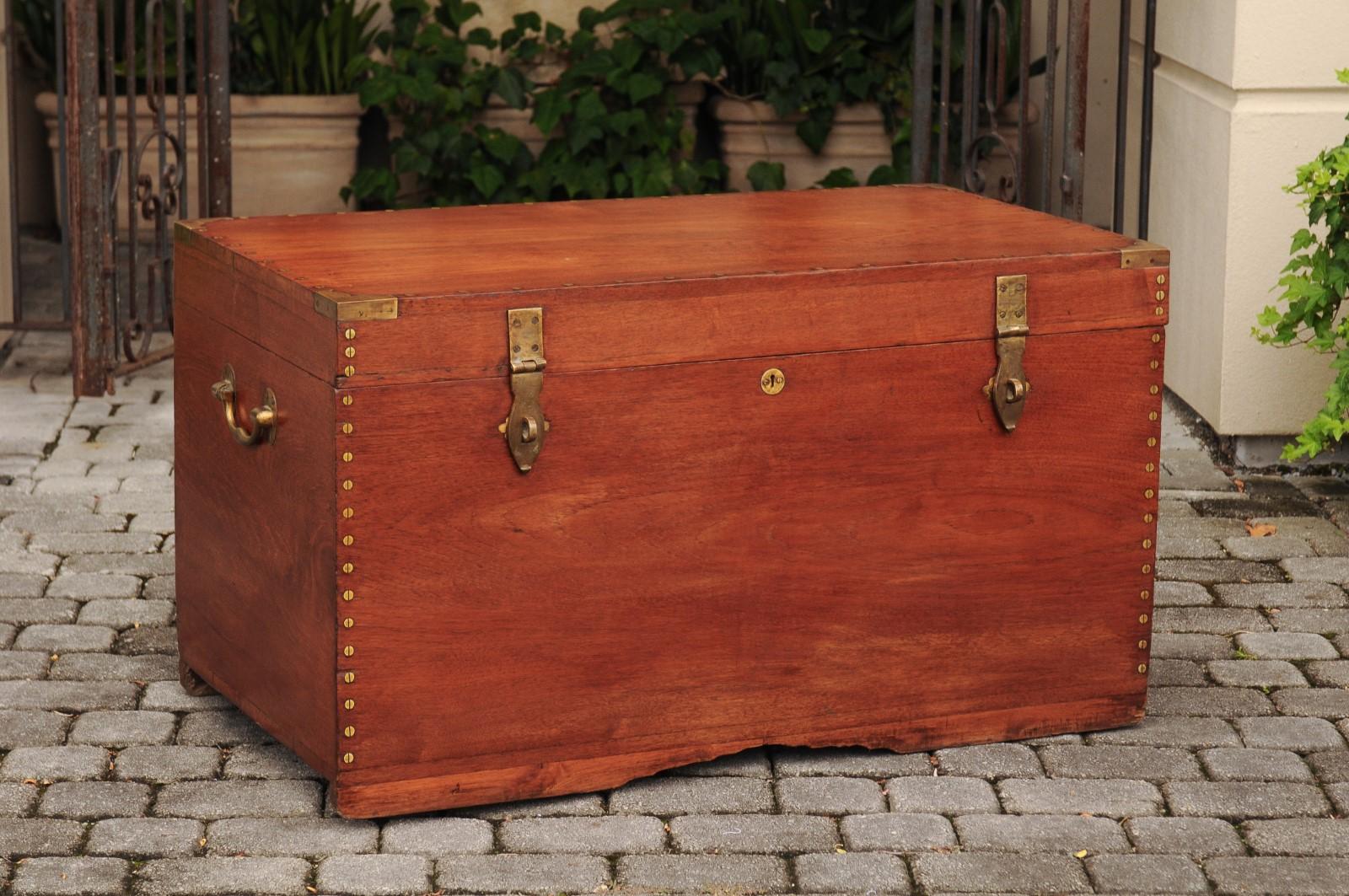 19th Century Anglo-Indian 1880s Teak and Brass Trunk with Multiple Storage Compartments For Sale