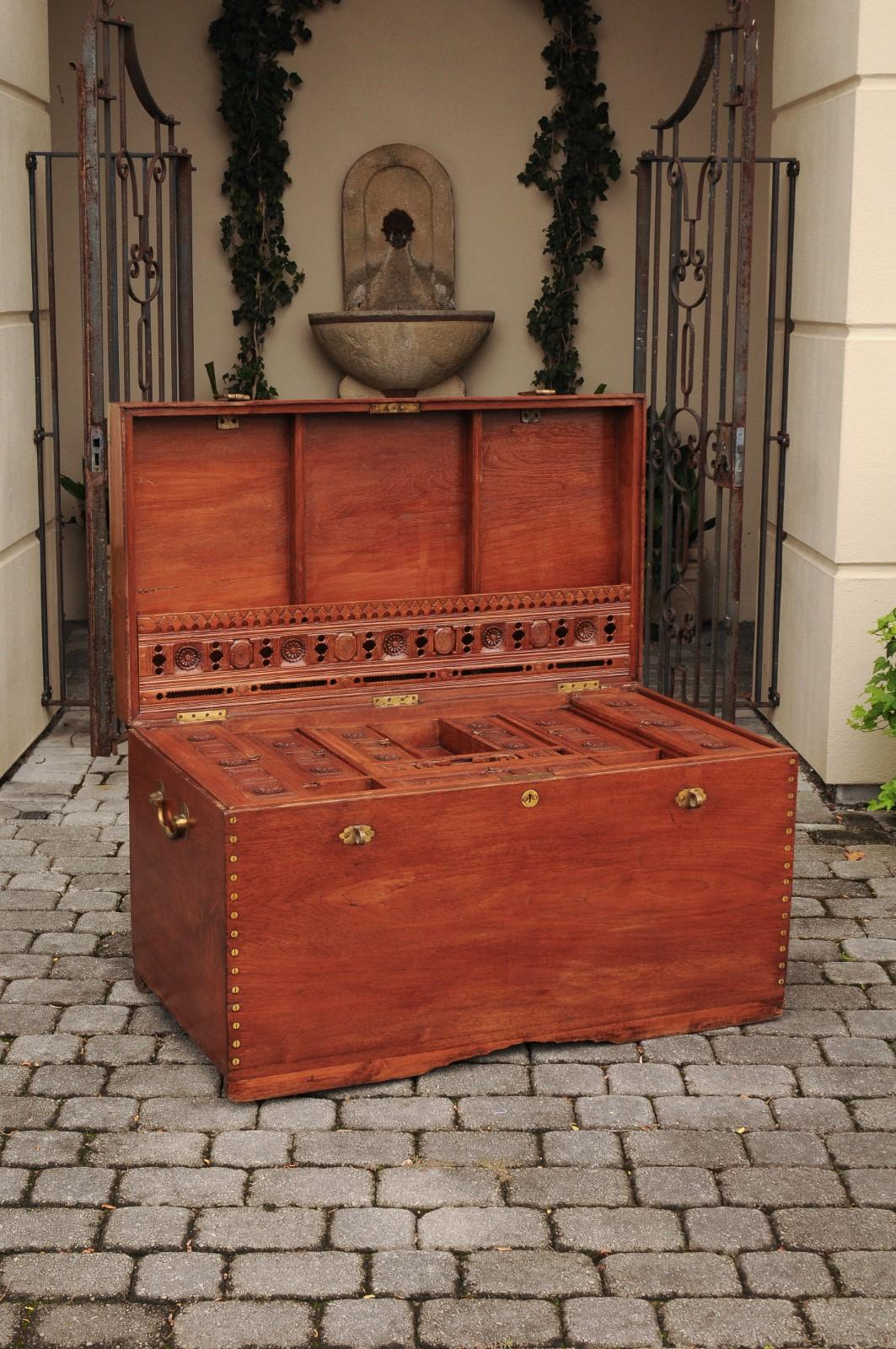 Anglo-Indian 1880s Teak and Brass Trunk with Multiple Storage Compartments For Sale 1