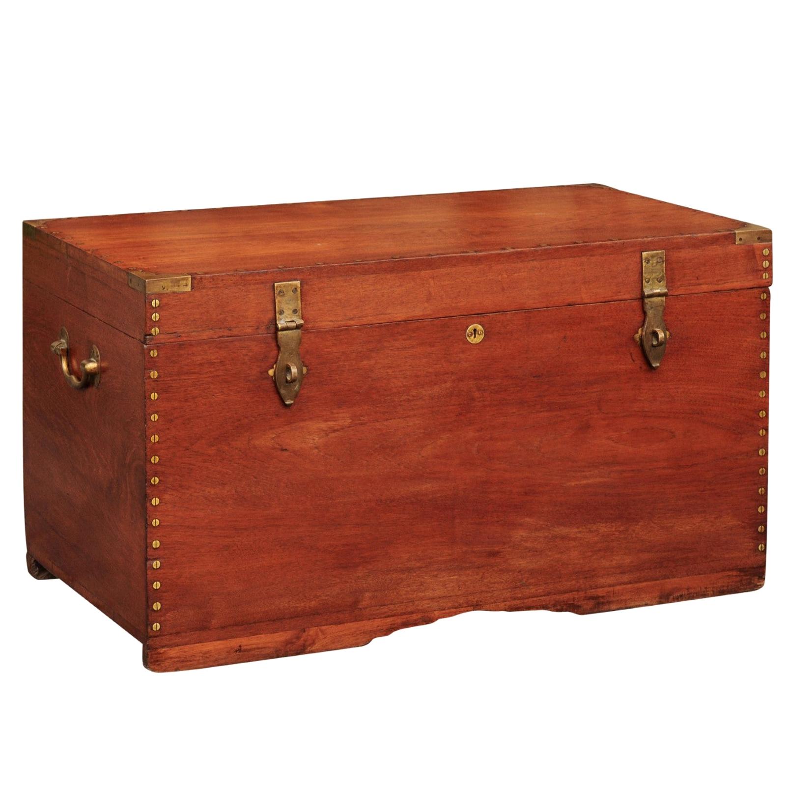 Anglo-Indian 1880s Teak and Brass Trunk with Multiple Storage Compartments