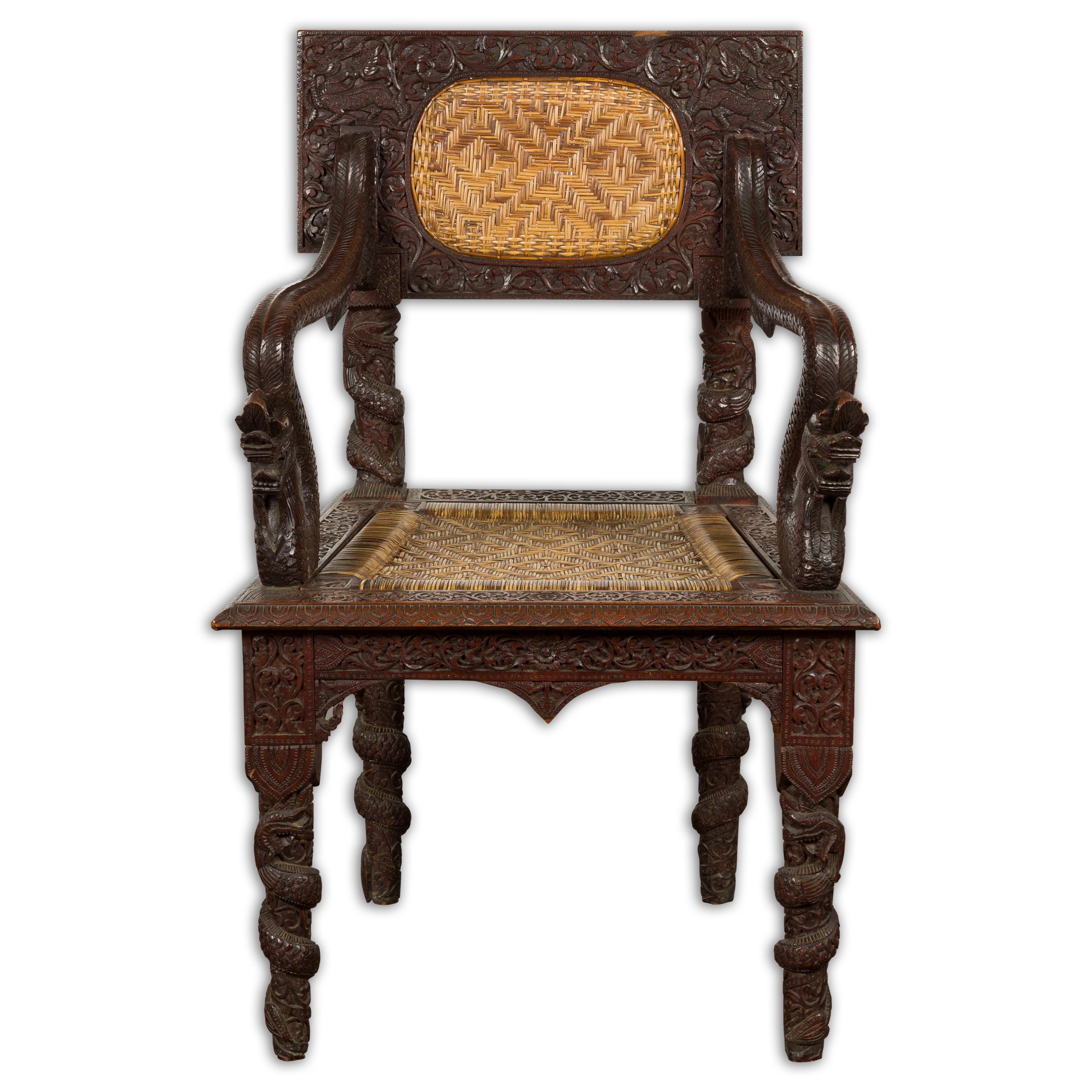 Anglo-Indian 1900 Armchair with Carved Back, Mythical Creatures and Woven Rattan For Sale 13
