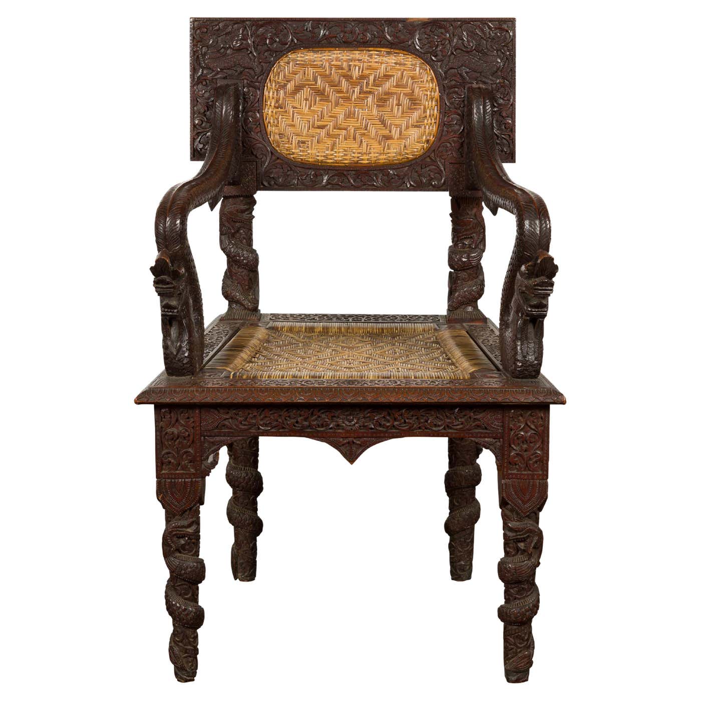Anglo-Indian 1900 Armchair with Carved Back, Mythical Creatures and ...
