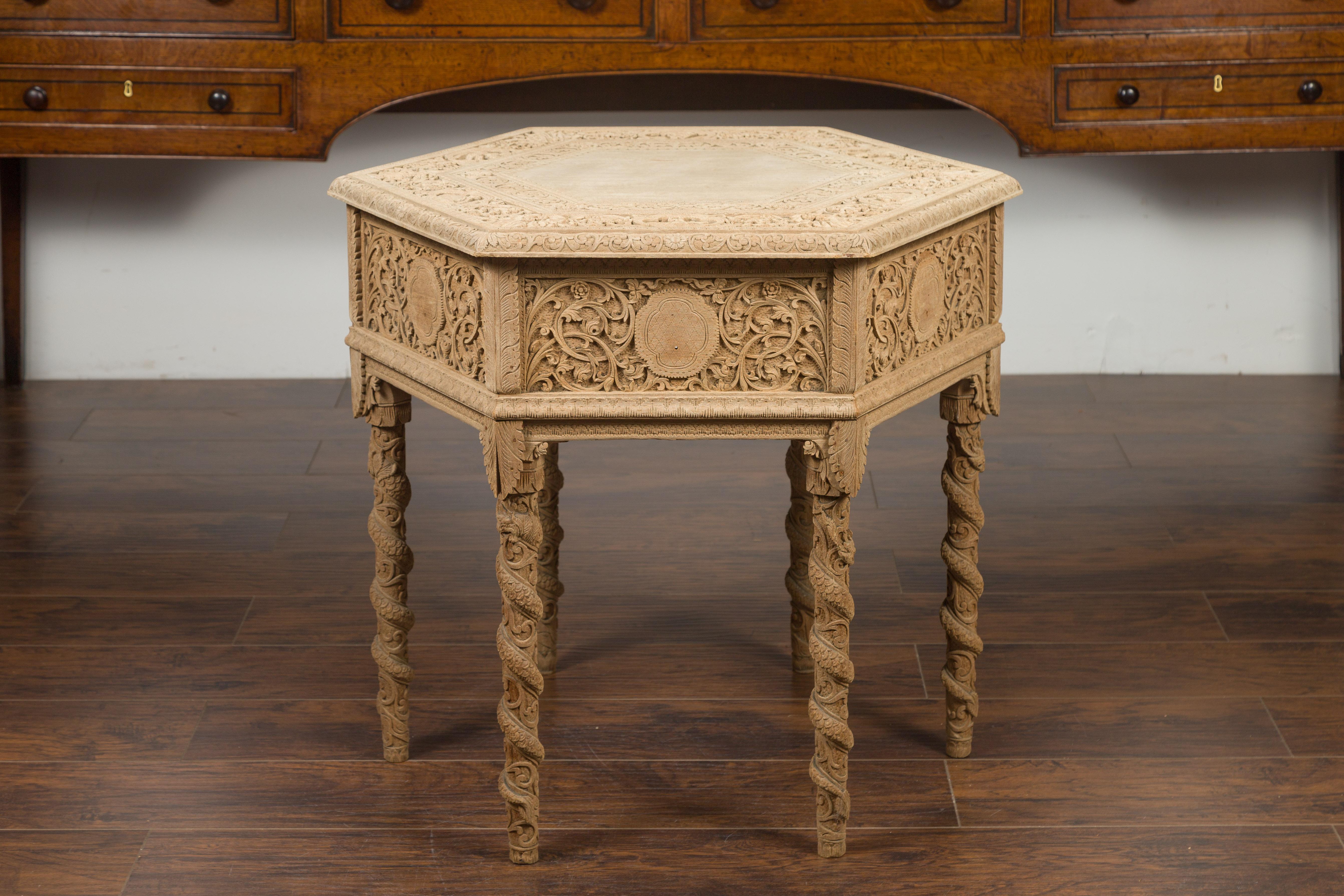 Anglo-Indian 1900s Bleached Wood Hexagonal Table with Abundant Carved Decor 10