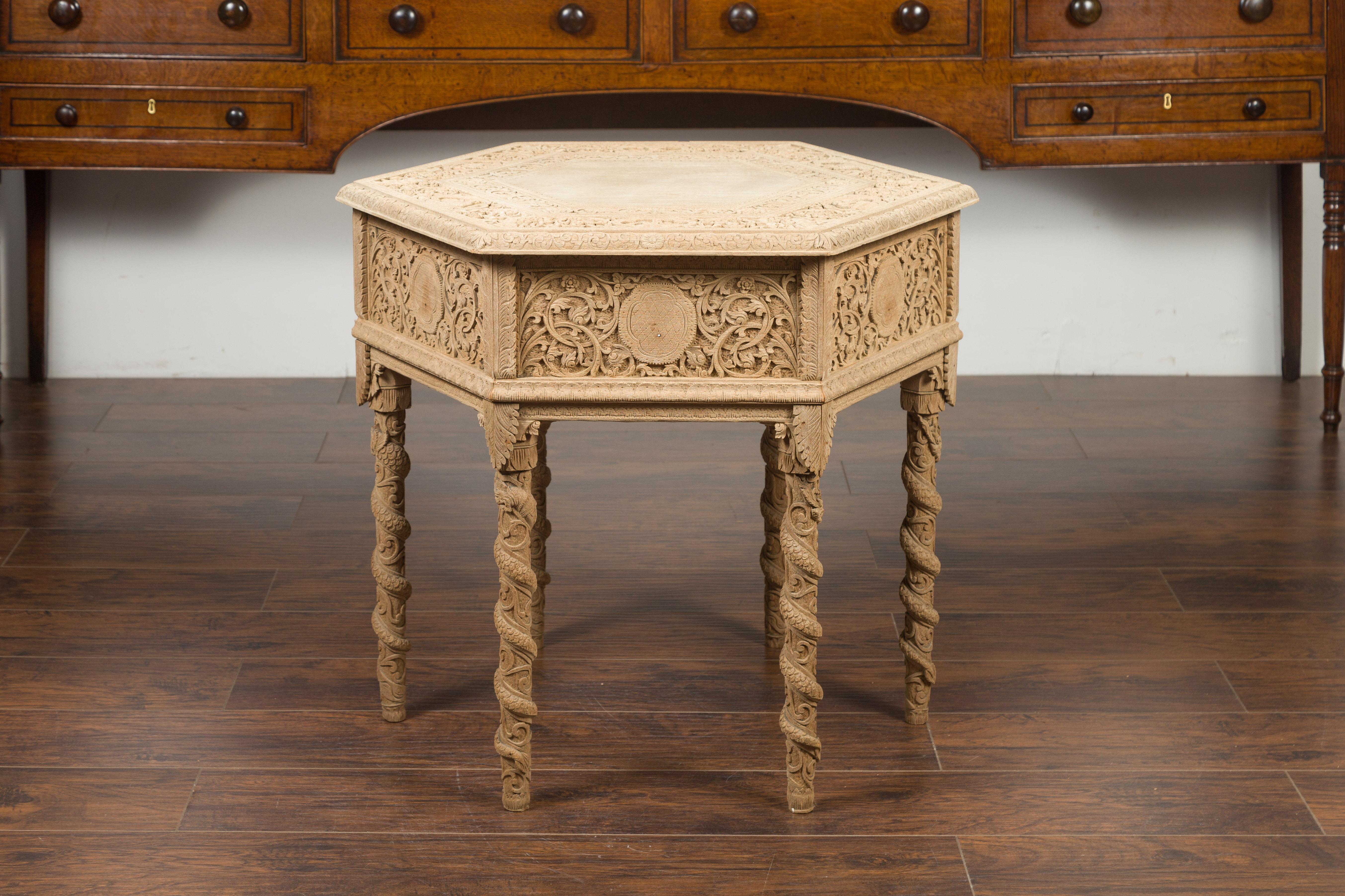 Anglo-Indian 1900s Bleached Wood Hexagonal Table with Abundant Carved Decor 13
