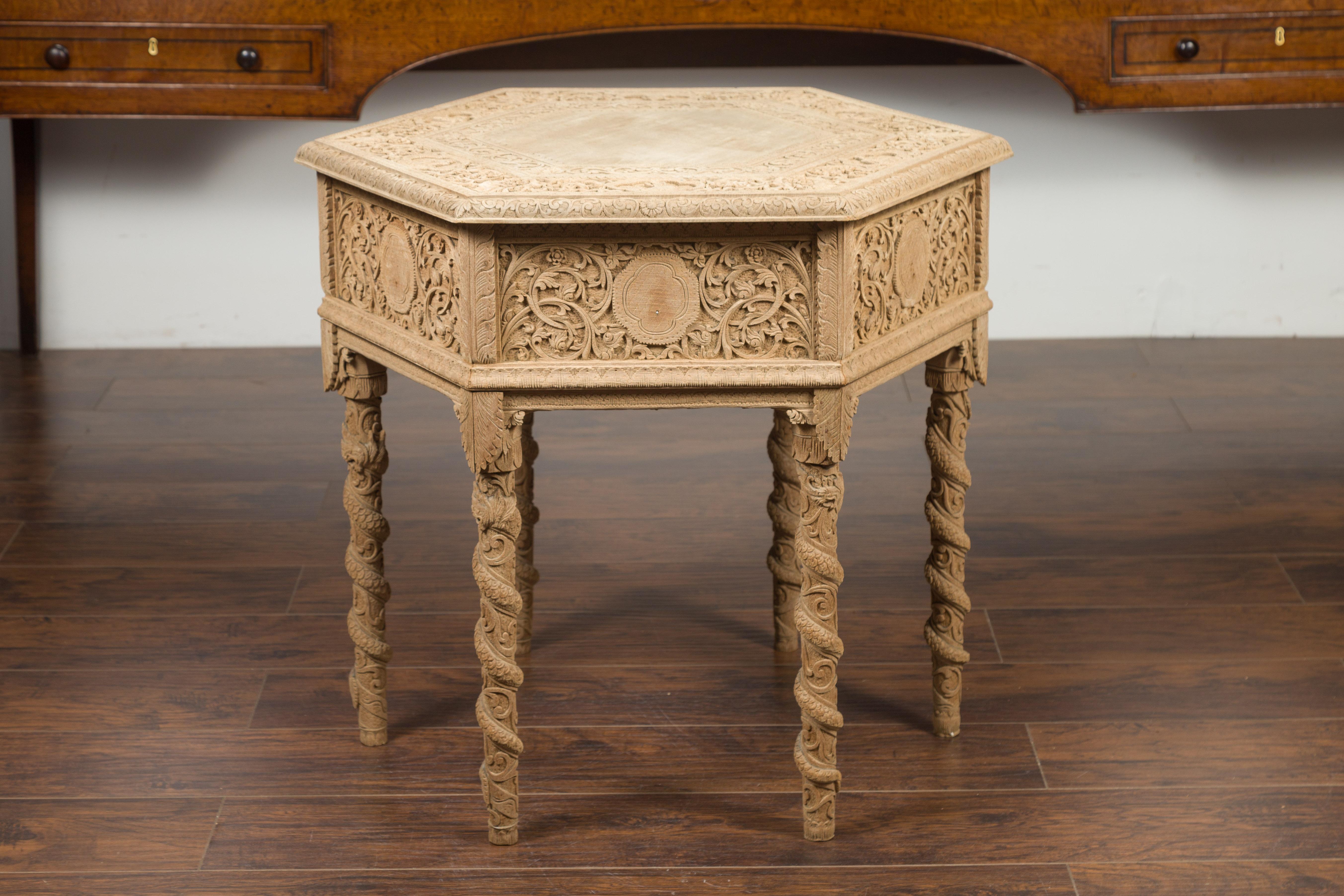 Anglo-Indian 1900s Bleached Wood Hexagonal Table with Abundant Carved Decor 14