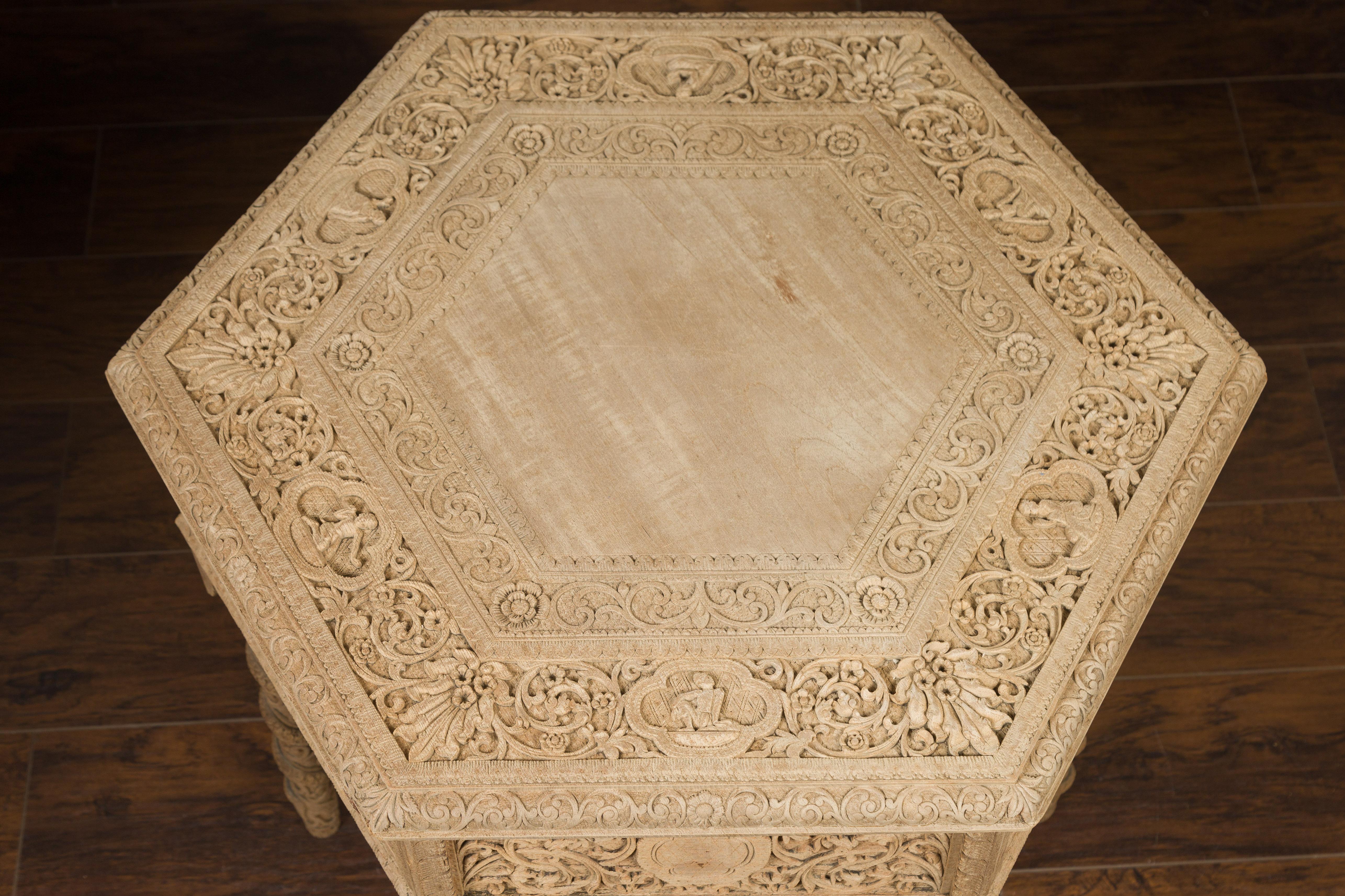 Anglo-Indian 1900s Bleached Wood Hexagonal Table with Abundant Carved Decor 1