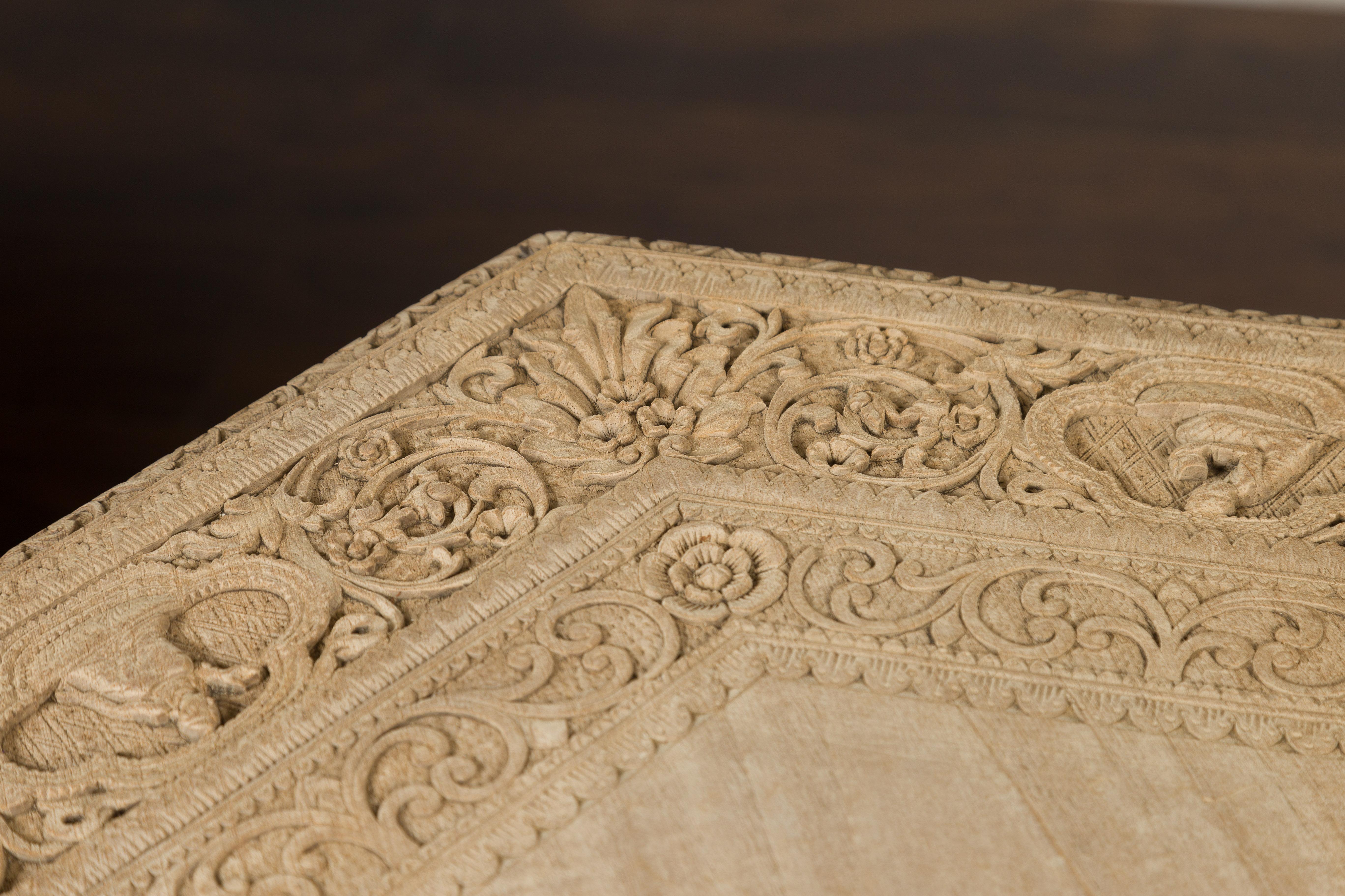 Anglo-Indian 1900s Bleached Wood Hexagonal Table with Abundant Carved Decor 2