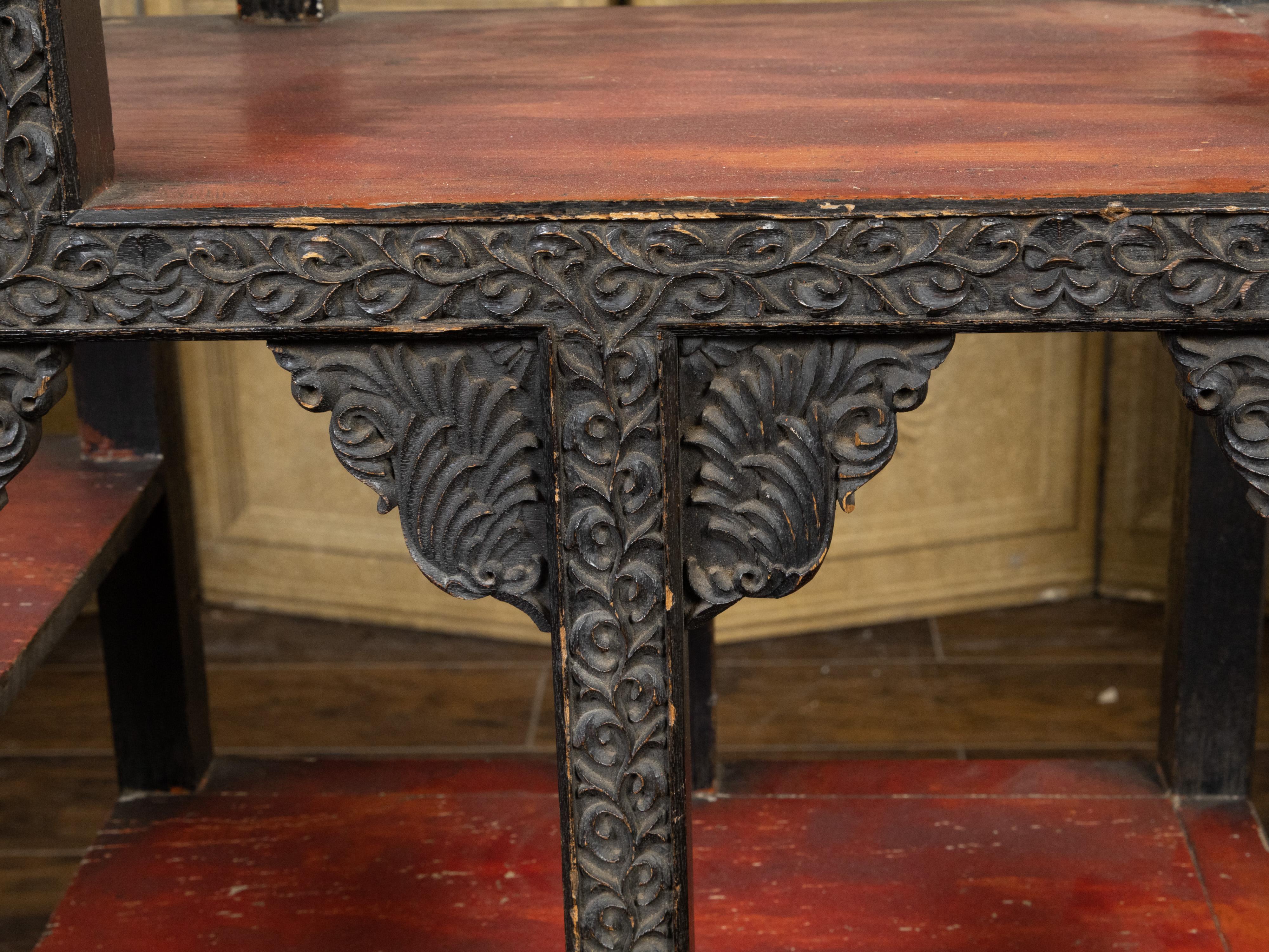 Anglo-Indian 1930s Black Painted Tiered Shelf with Carved Scrolling Foliage For Sale 4