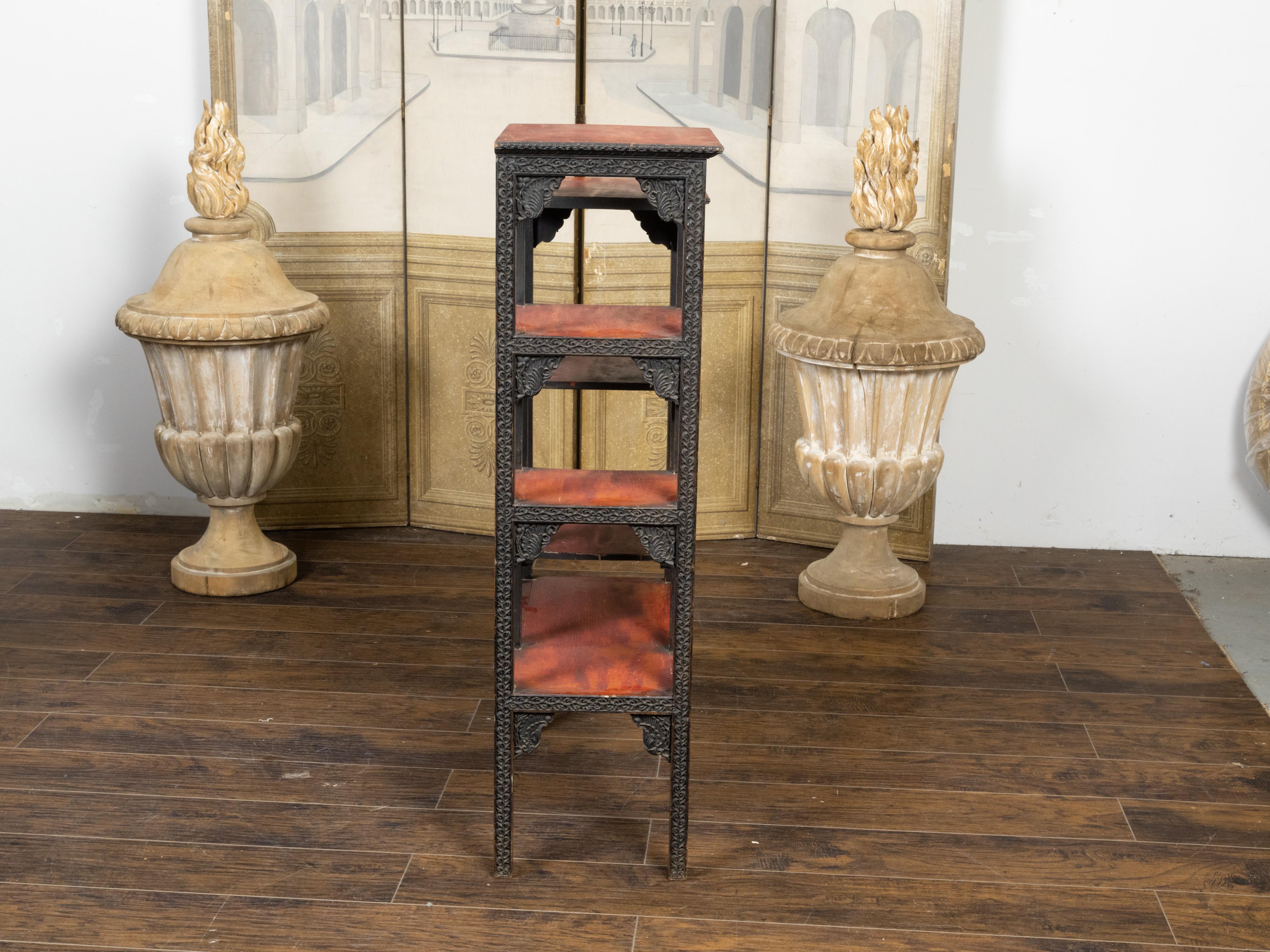 Anglo-Indian 1930s Black Painted Tiered Shelf with Carved Scrolling Foliage For Sale 1