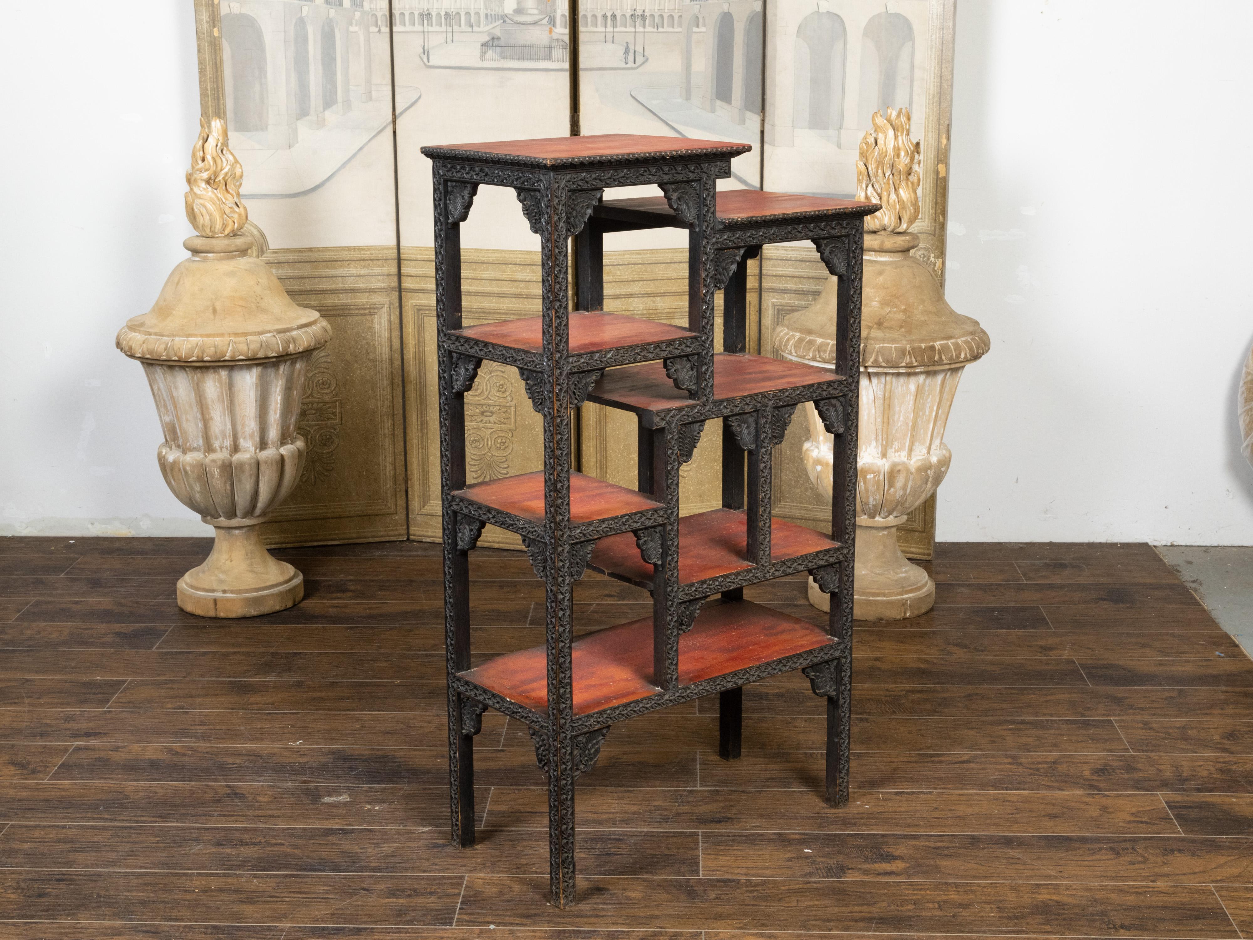 Anglo-Indian 1930s Black Painted Tiered Shelf with Carved Scrolling Foliage For Sale 2
