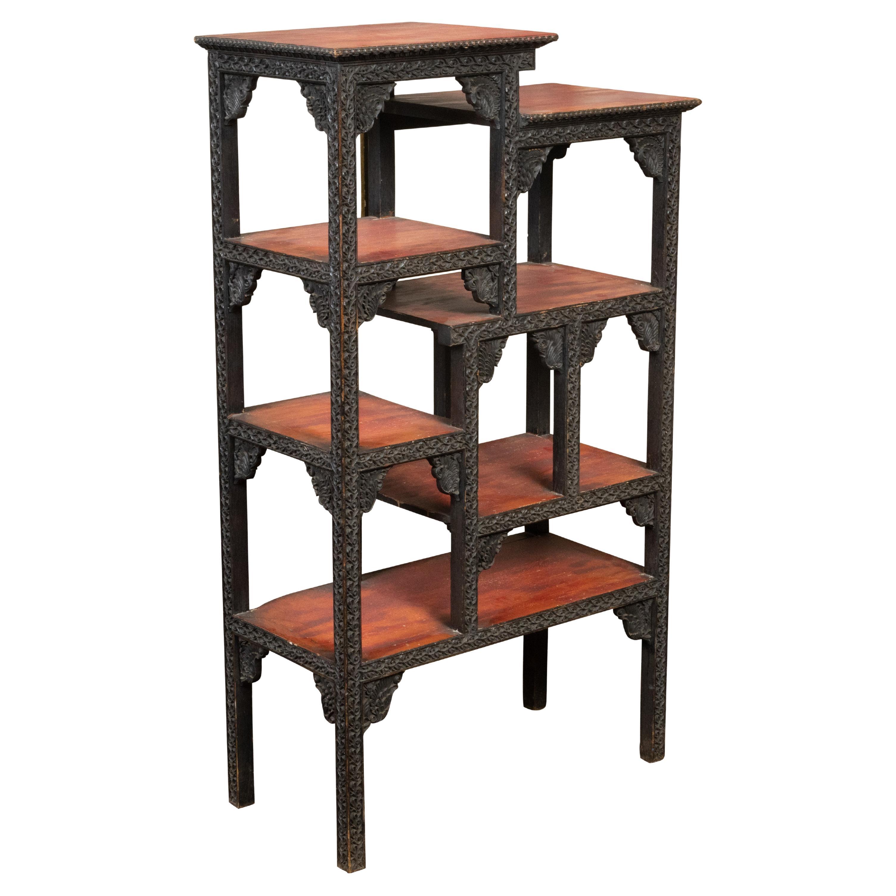 Anglo-Indian 1930s Black Painted Tiered Shelf with Carved Scrolling Foliage For Sale