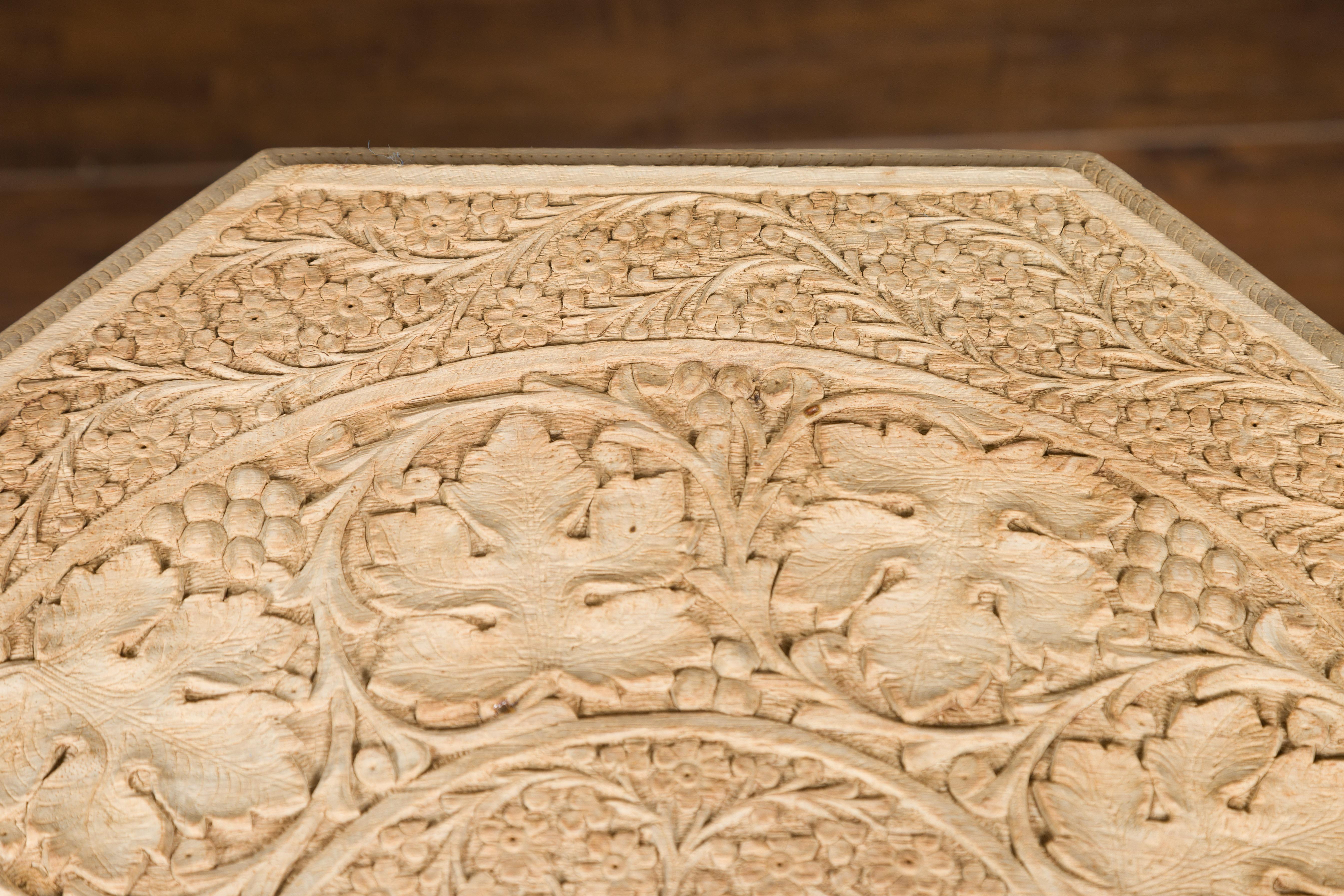 20th Century Anglo-Indian 1940s Bleached Low Side Table with Richly Carved Foliage Motifs