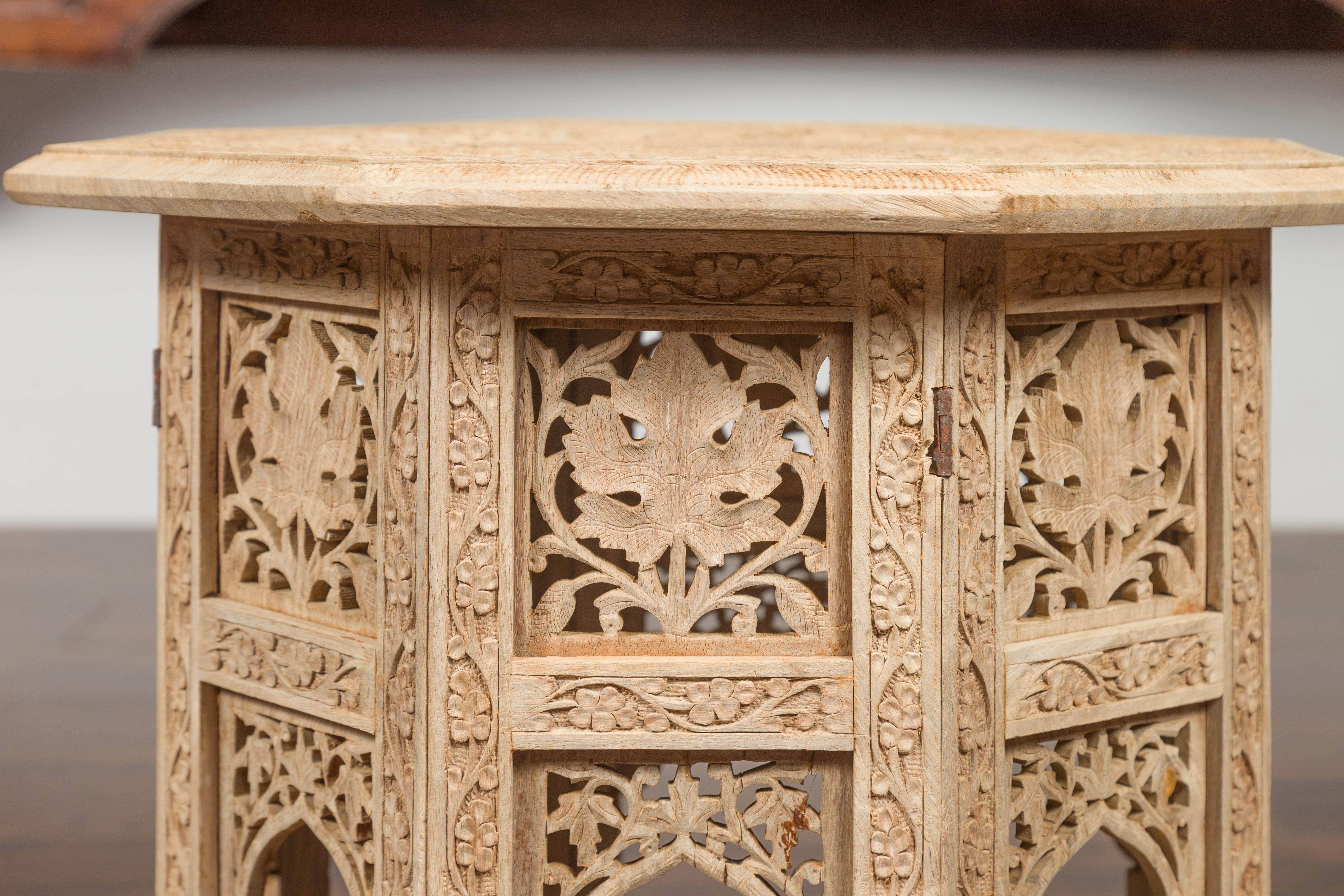 Anglo-Indian 1940s Bleached Low Side Table with Richly Carved Foliage Motifs 1