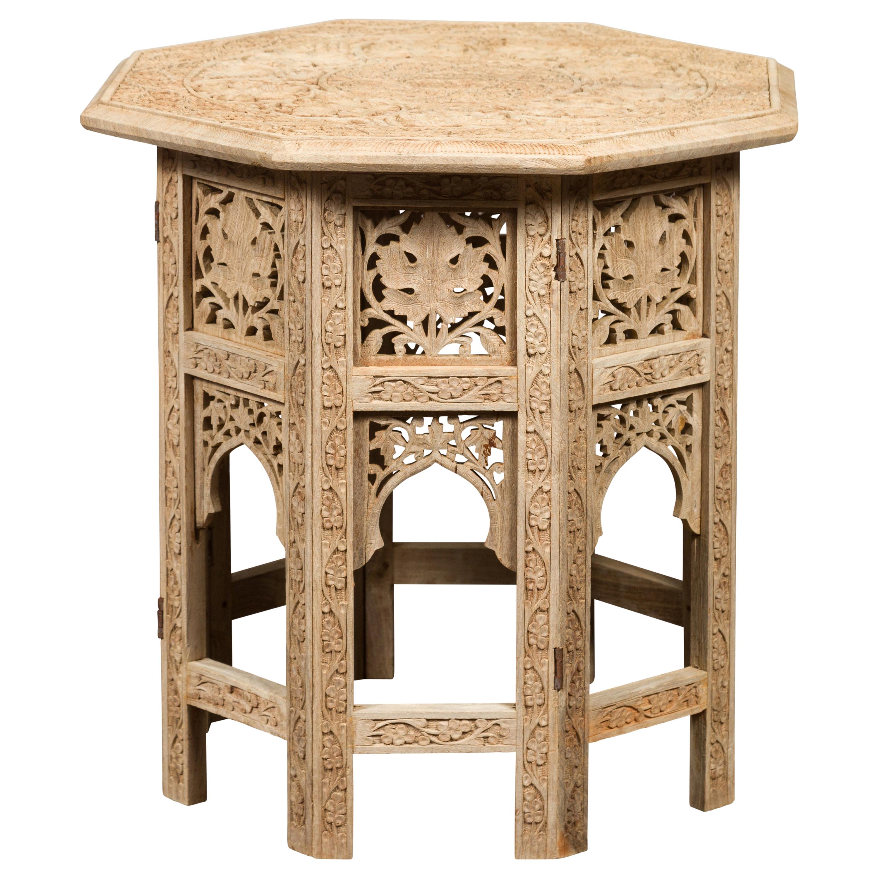 Anglo-Indian 1940s Bleached Low Side Table with Richly Carved Foliage Motifs