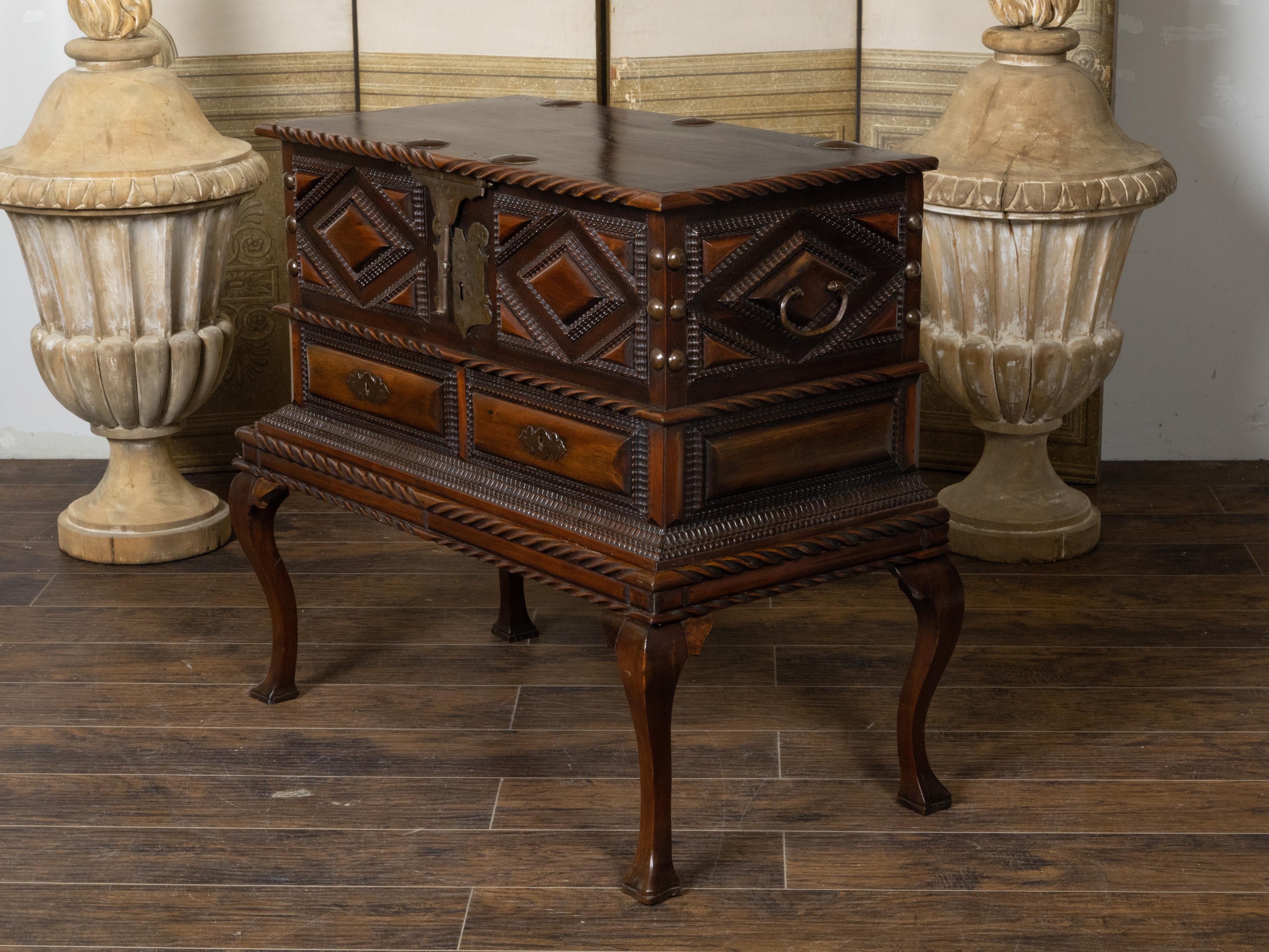 Carved Anglo-Indian 19th Century Two-Toned Geometric Front Mahogany Coffer on Base For Sale