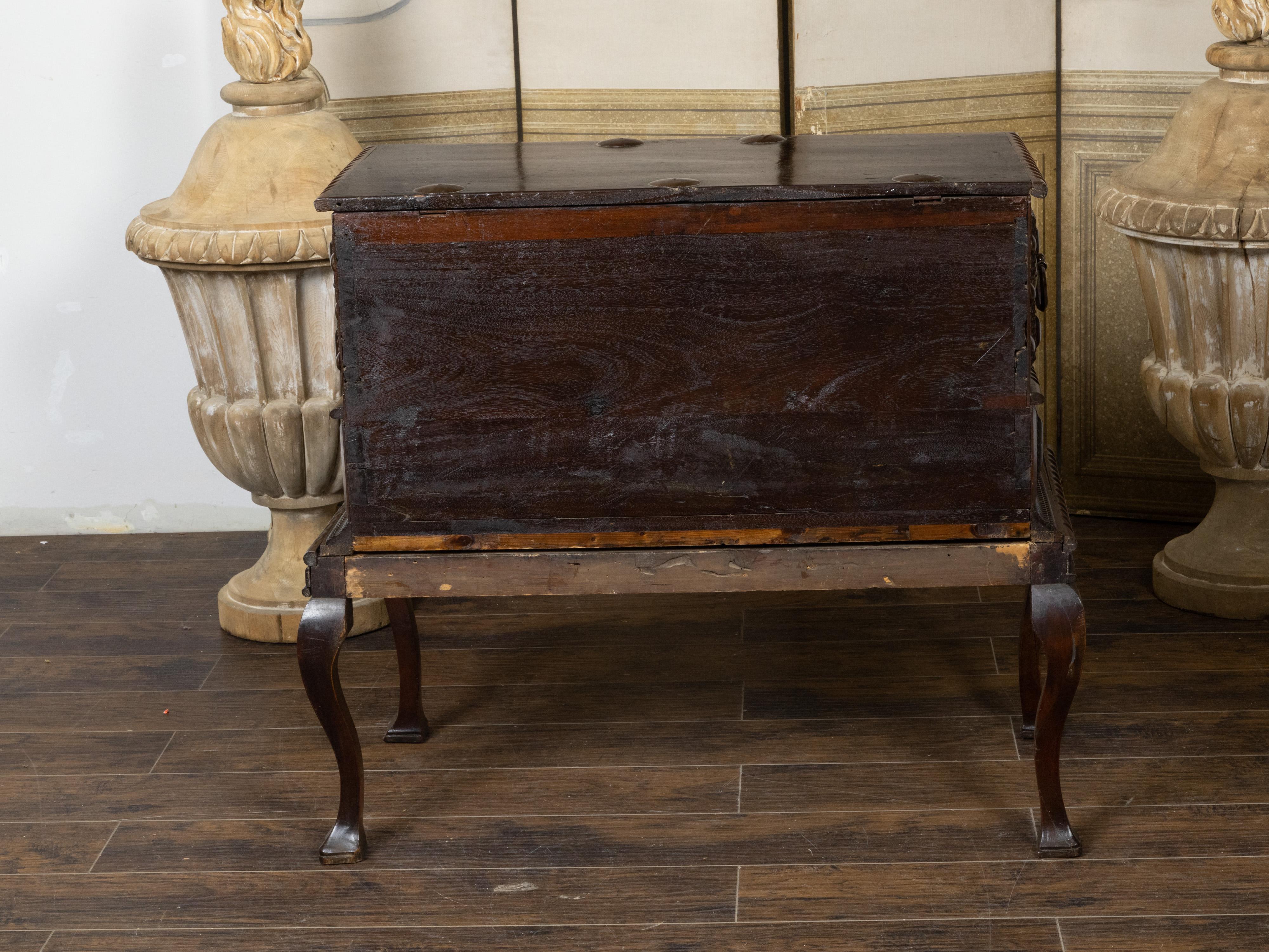 Metal Anglo-Indian 19th Century Two-Toned Geometric Front Mahogany Coffer on Base For Sale