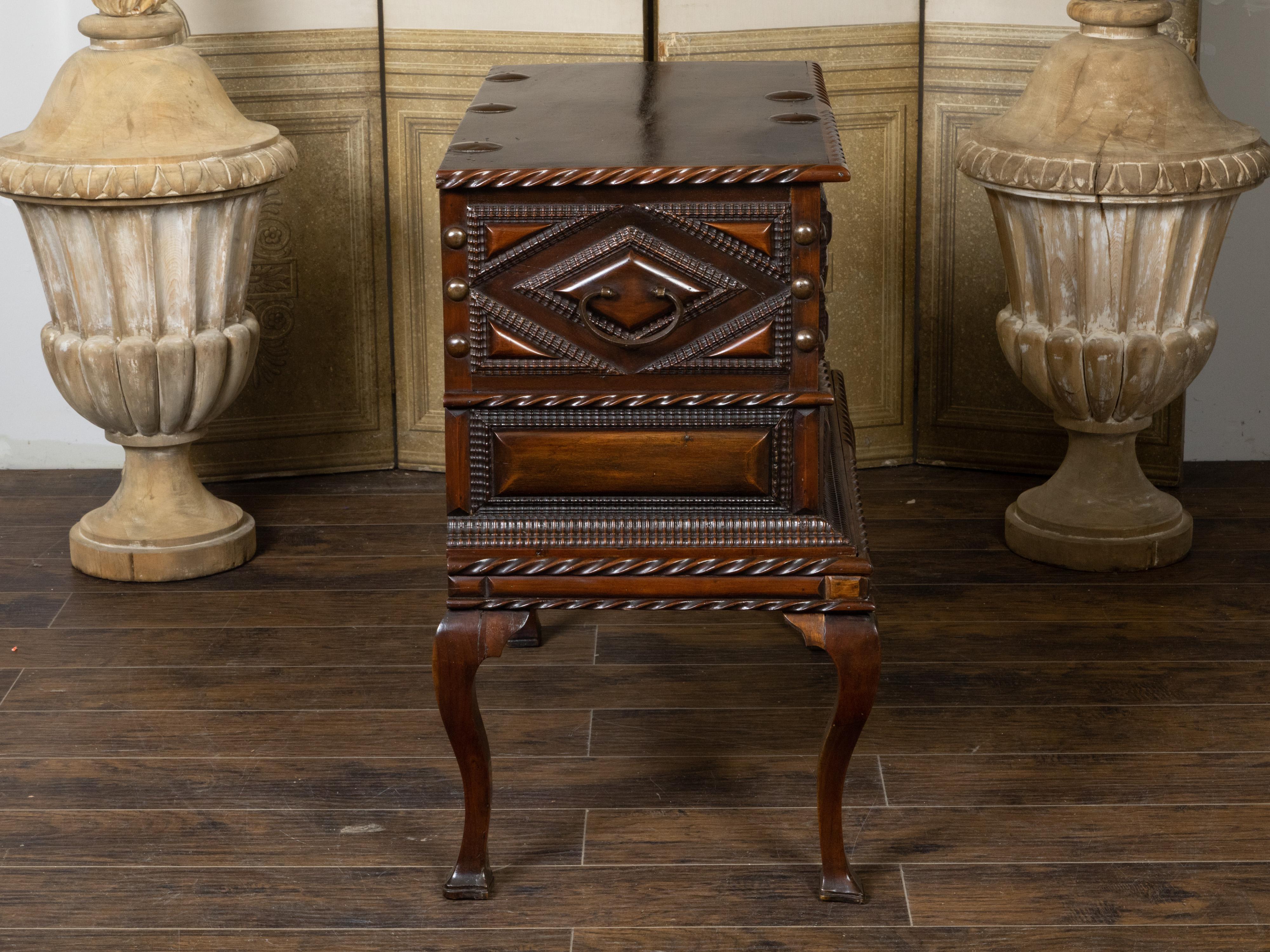 Anglo-Indian 19th Century Two-Toned Geometric Front Mahogany Coffer on Base For Sale 1