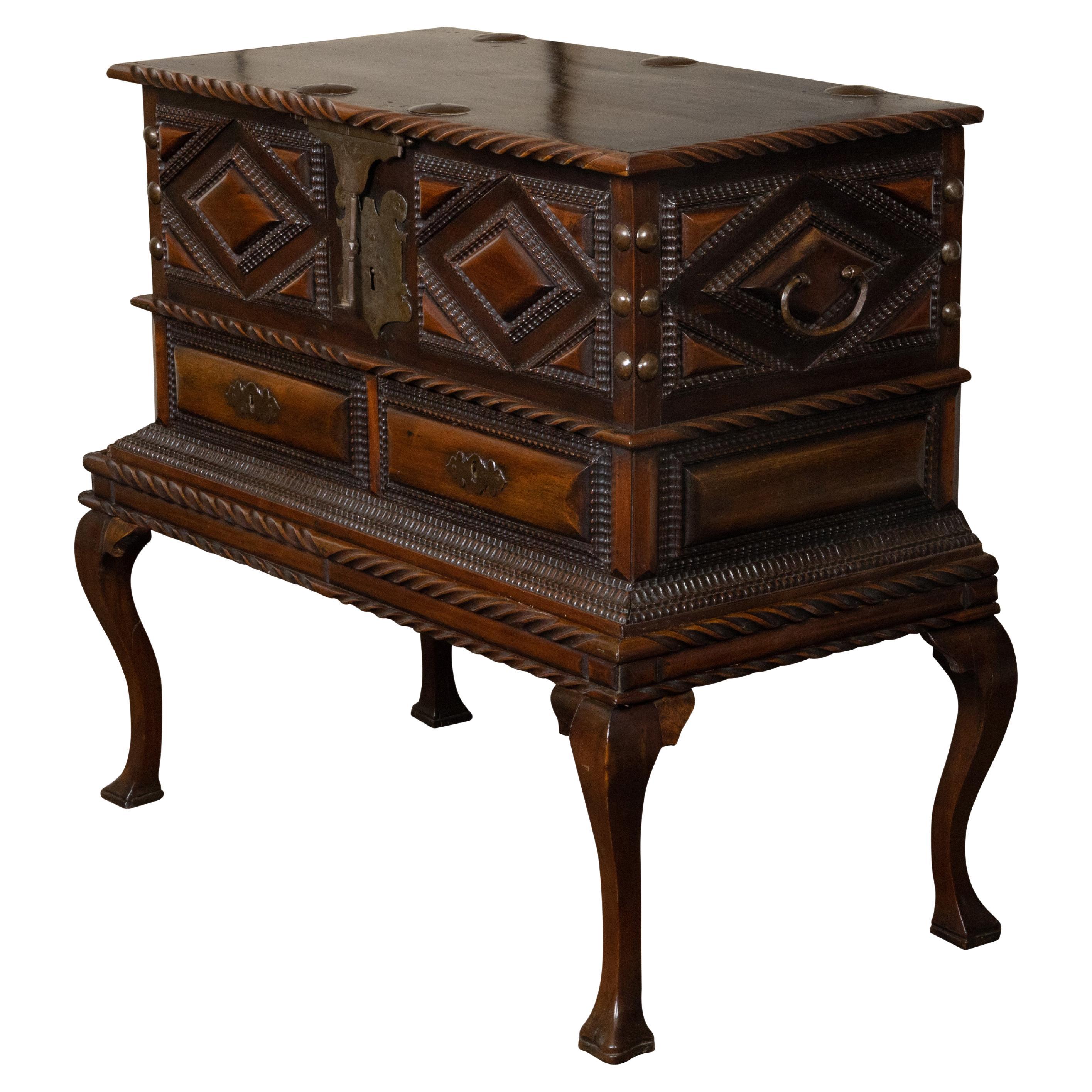 Anglo-Indian 19th Century Two-Toned Geometric Front Mahogany Coffer on Base For Sale
