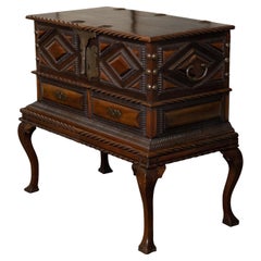 Anglo-Indian 19th Century Two-Toned Geometric Front Mahogany Coffer on Base