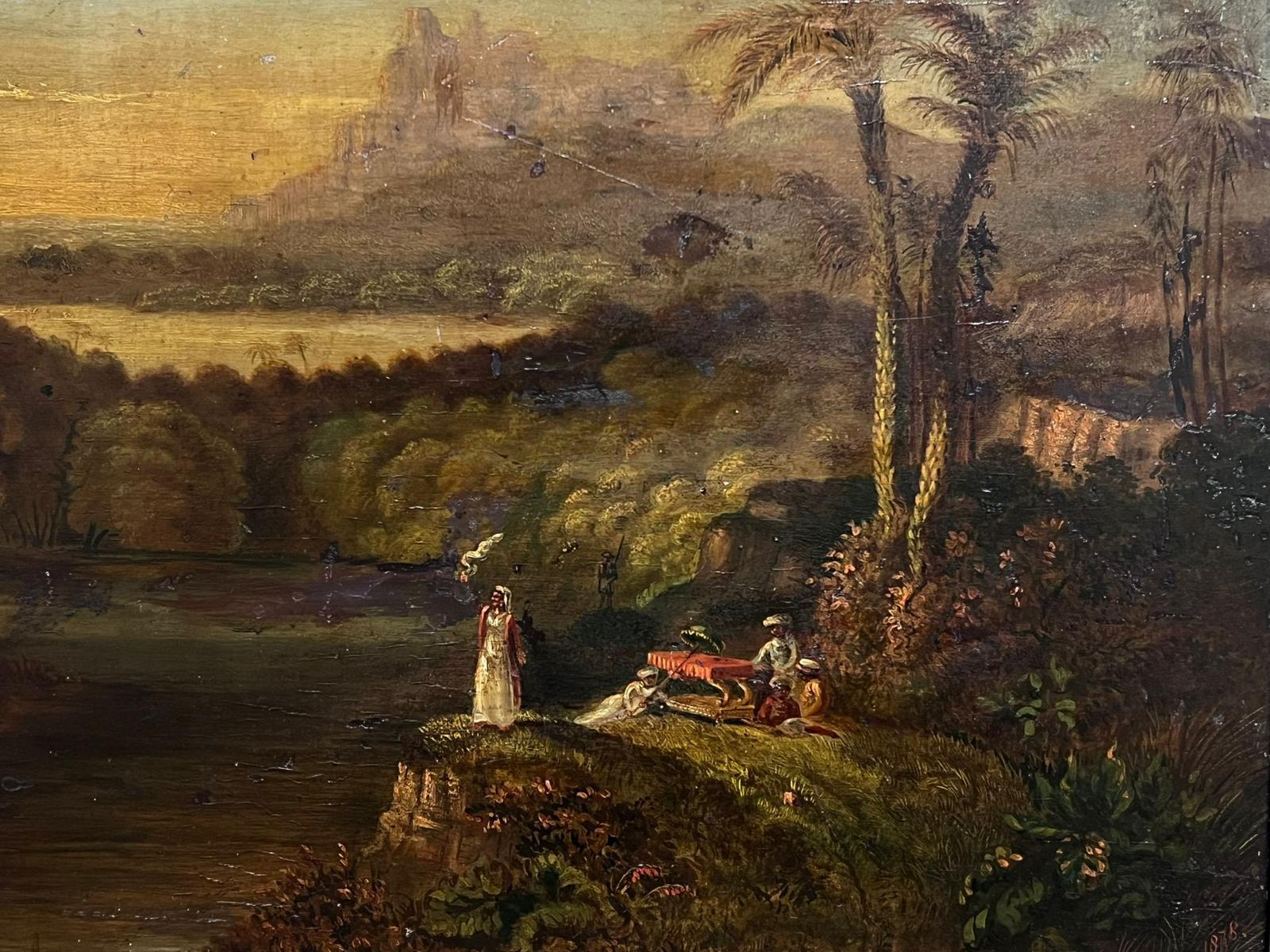 Very Rare 19th Century Anglo Indian Oil Painting Figures in Landsape Signed 1878 - Black Landscape Painting by Anglo Indian 19thC