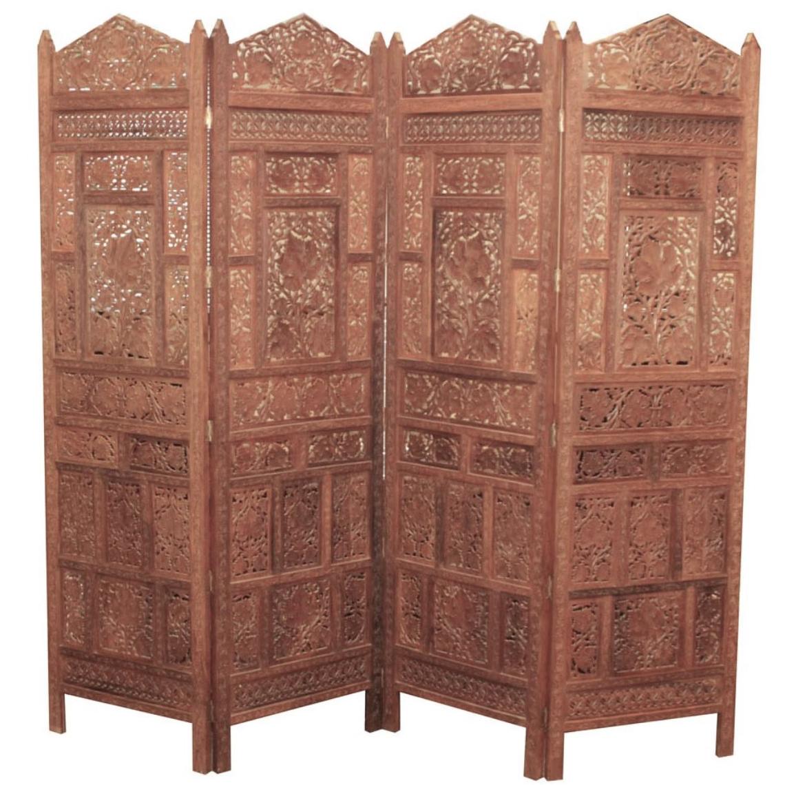 Anglo Indian 4-Panel Handcrafted Teak Wood Screen, Circa 1900s For Sale