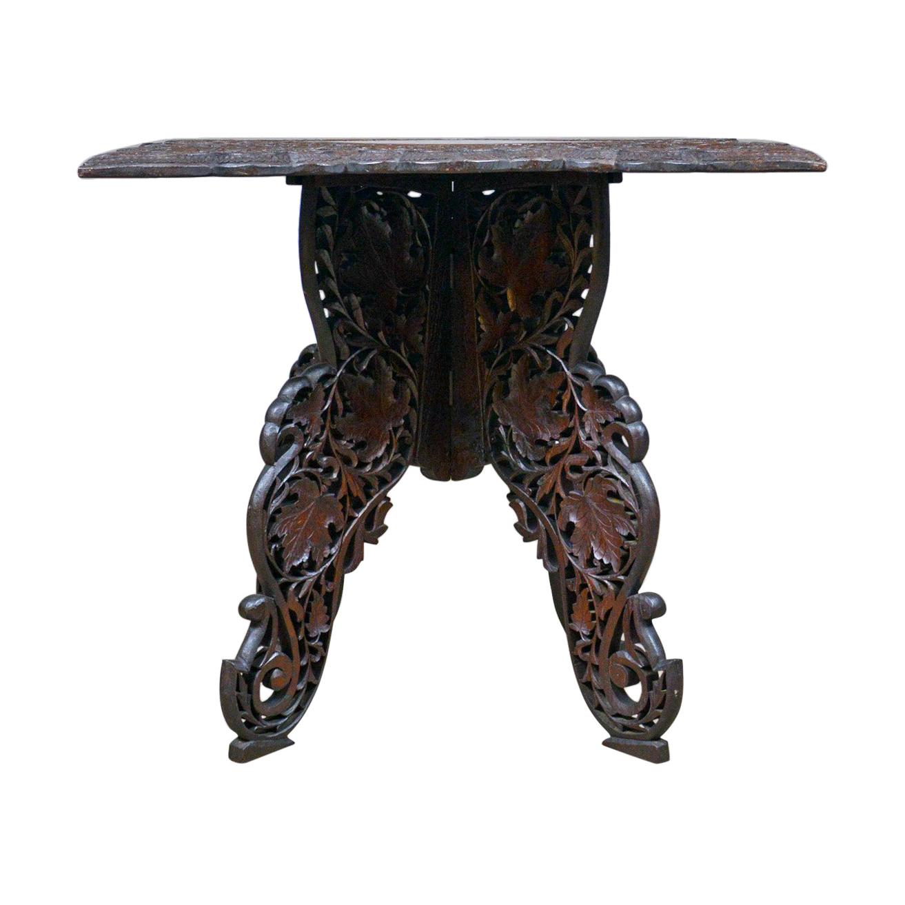Anglo-Indian Antique Campaign Table, Carved, Teak, Side, circa 1900 For Sale