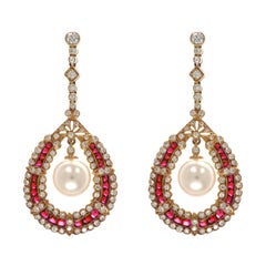 Anglo-Indian Antique Style Yellow Gold Ruby Pearl Diamond Earring