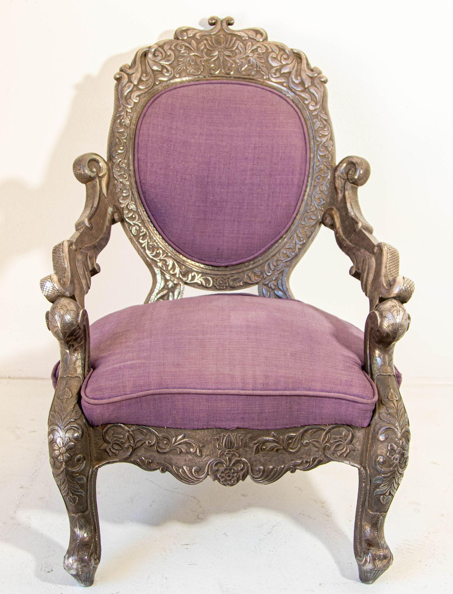 Anglo Indian Armchair Throne Silver Embossed Throne 19th Century For Sale 12