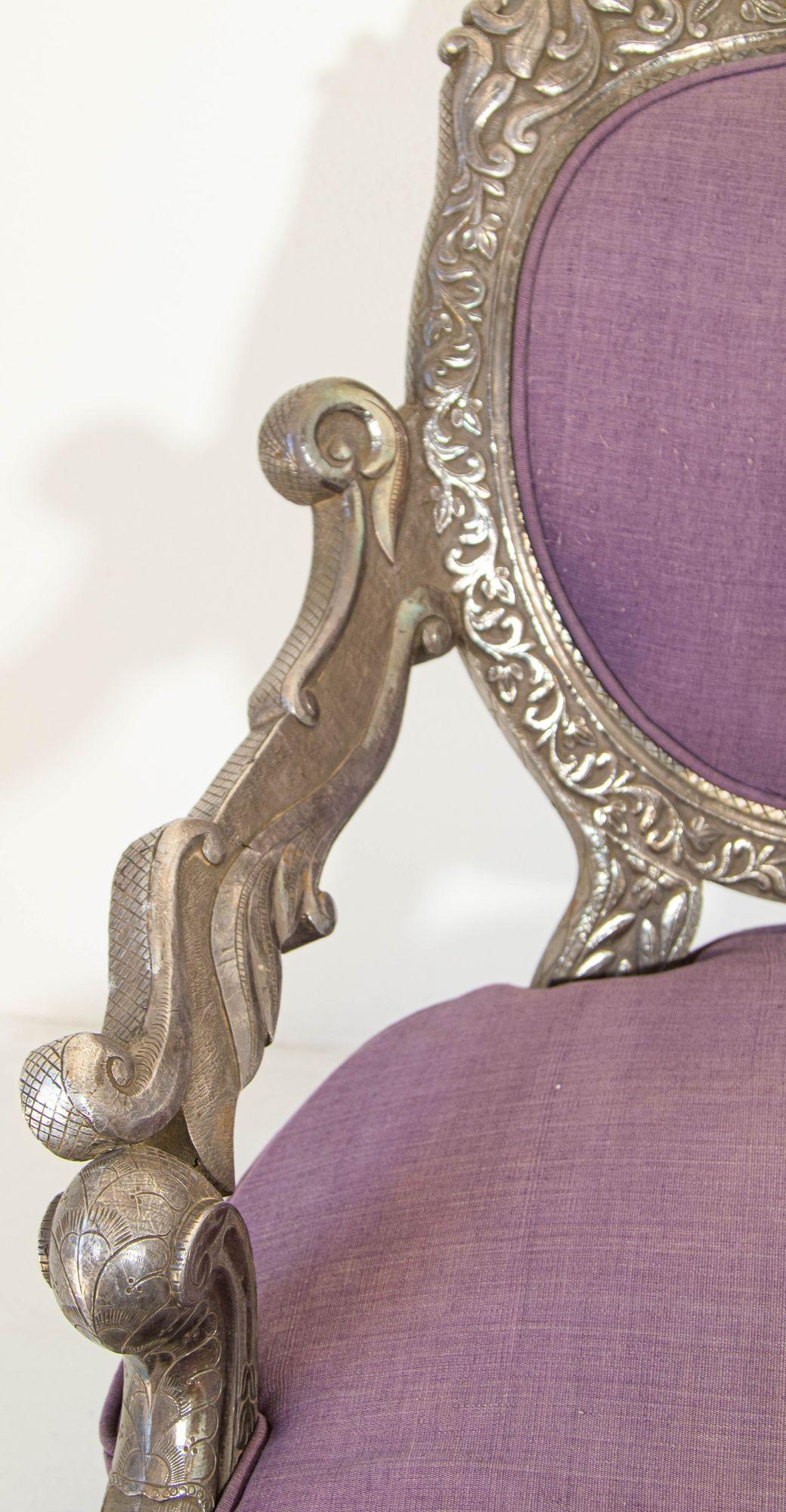 Hand-Carved Anglo Indian Armchair Throne Silver Embossed Throne 19th Century For Sale