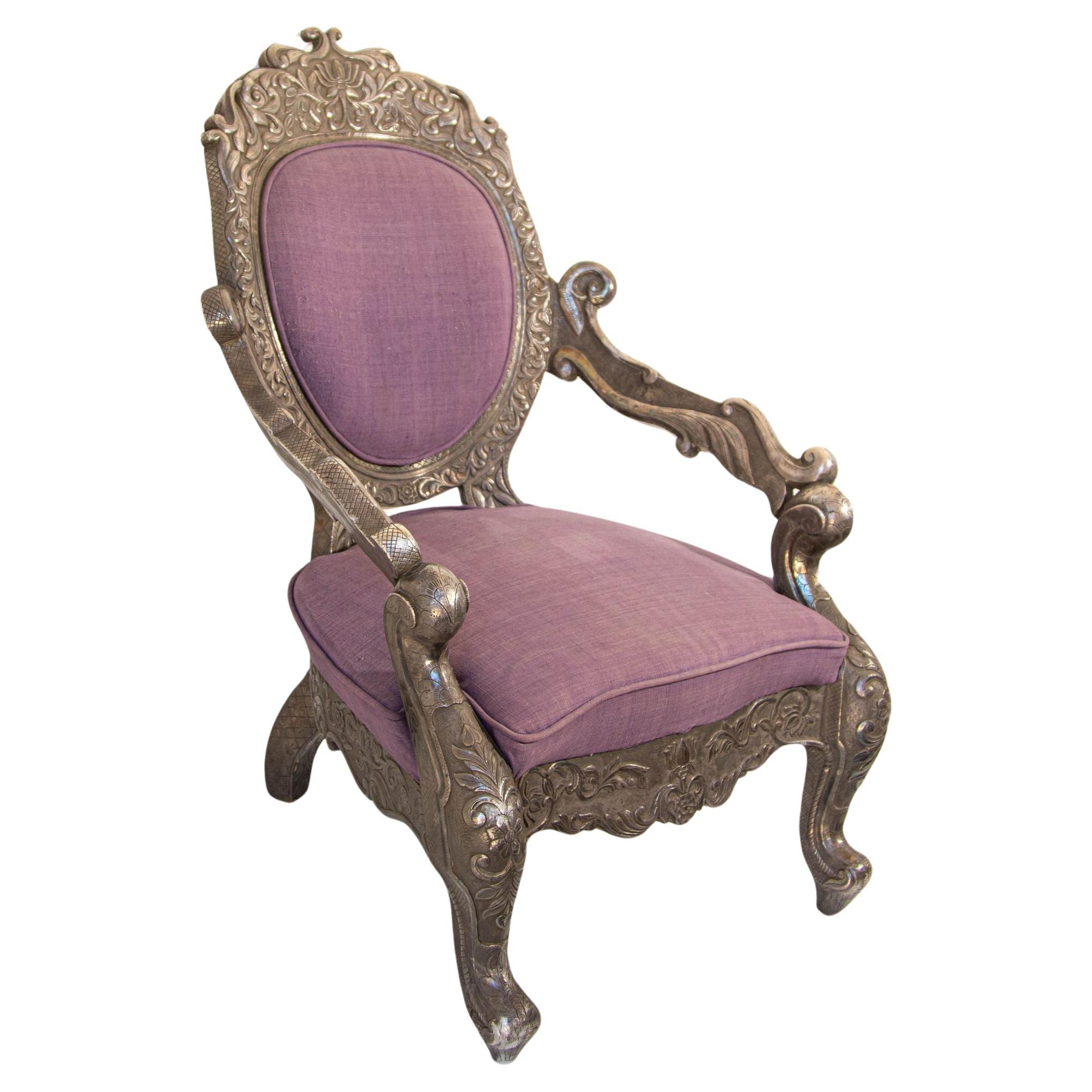 Anglo Indian Armchair Throne Silver Embossed Throne 19th Century For Sale